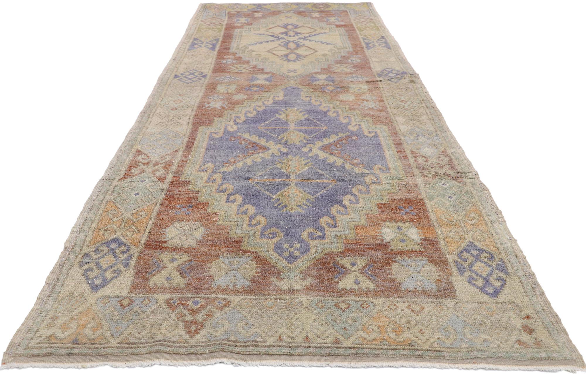 Hand-Knotted Vintage Turkish Oushak Runner with Rustic French and Georgian Style For Sale