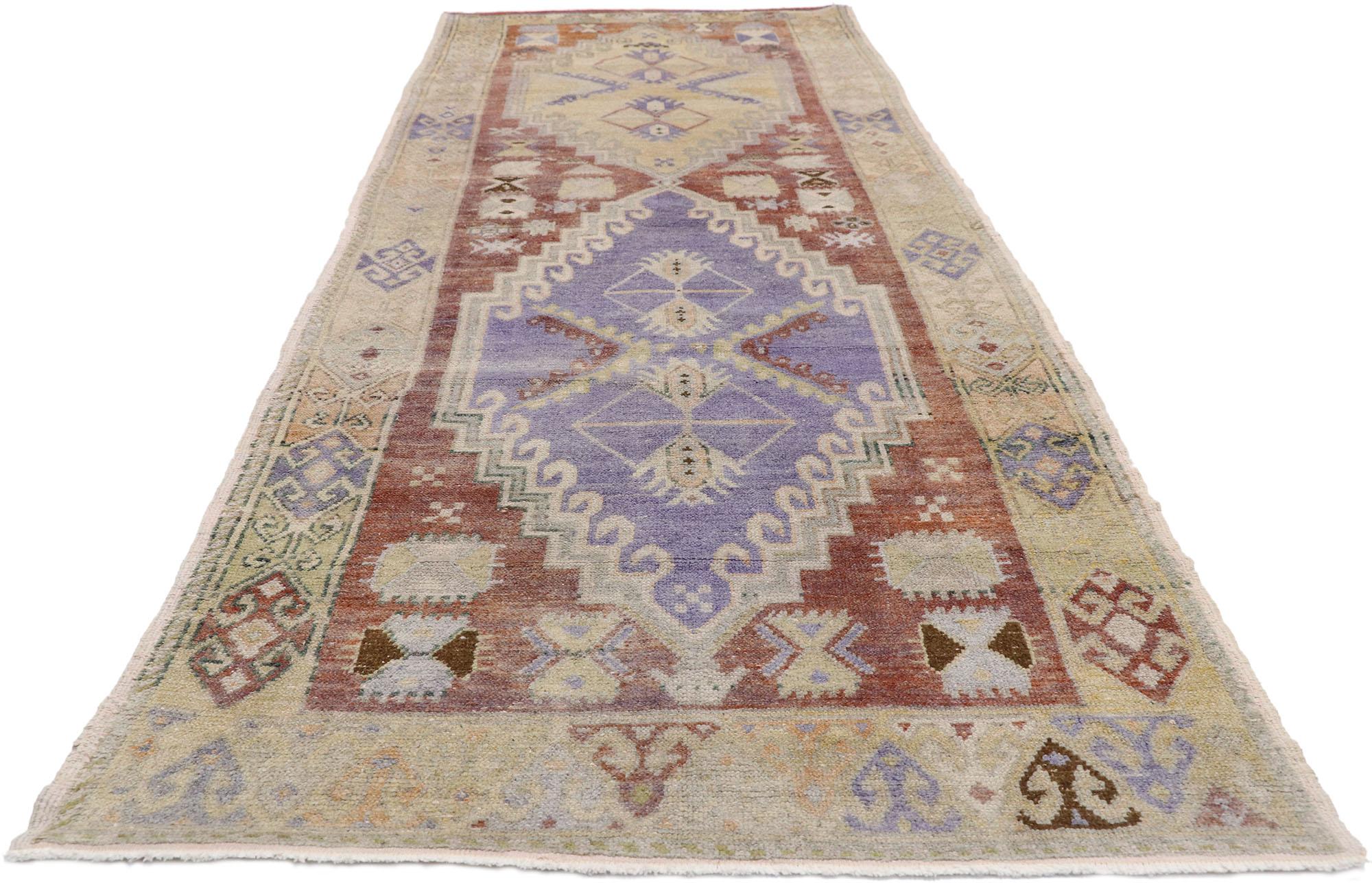Hand-Knotted Vintage Turkish Oushak Runner with Rustic French and Warm Georgian Style For Sale