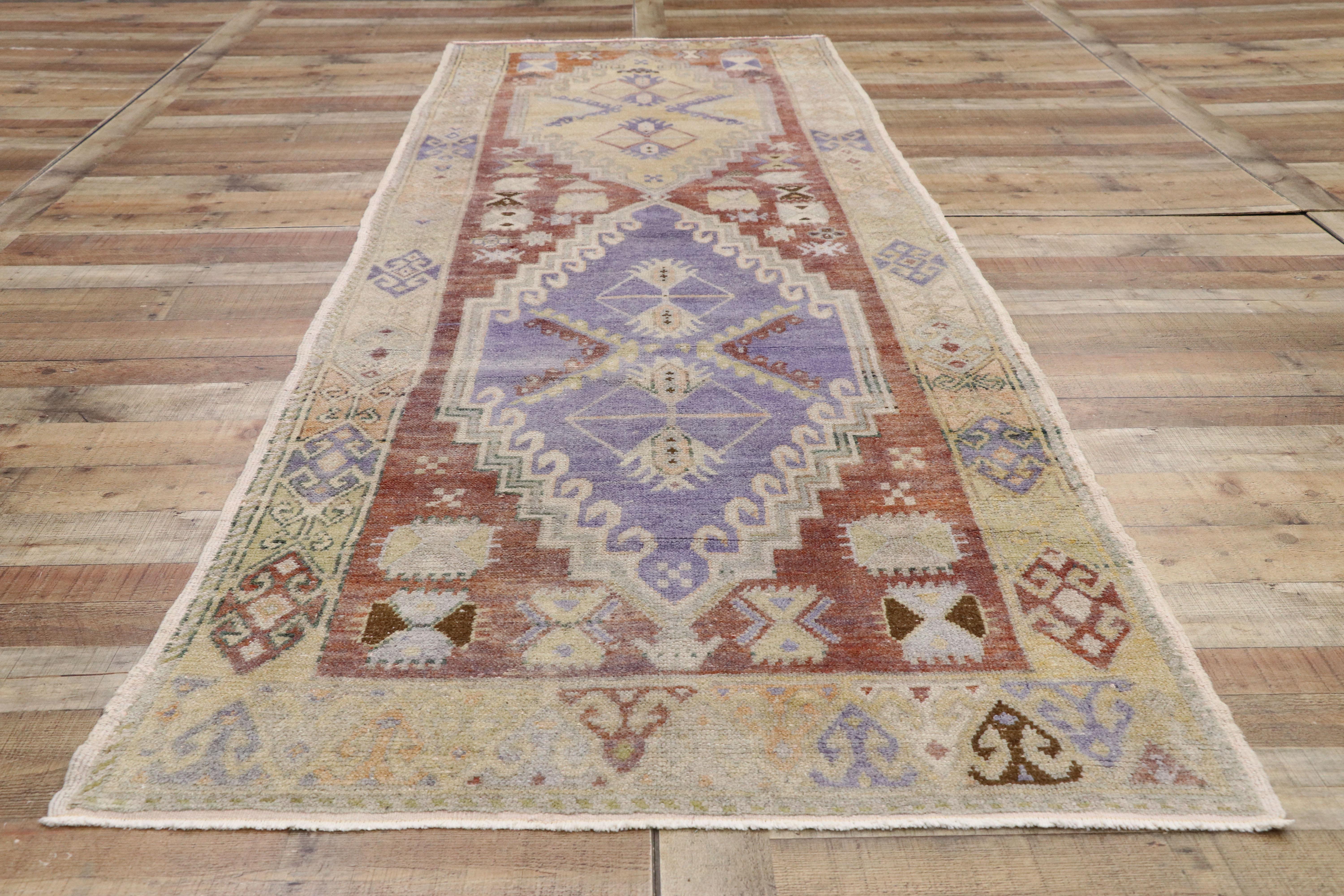 Vintage Turkish Oushak Runner with Rustic French and Warm Georgian Style For Sale 1