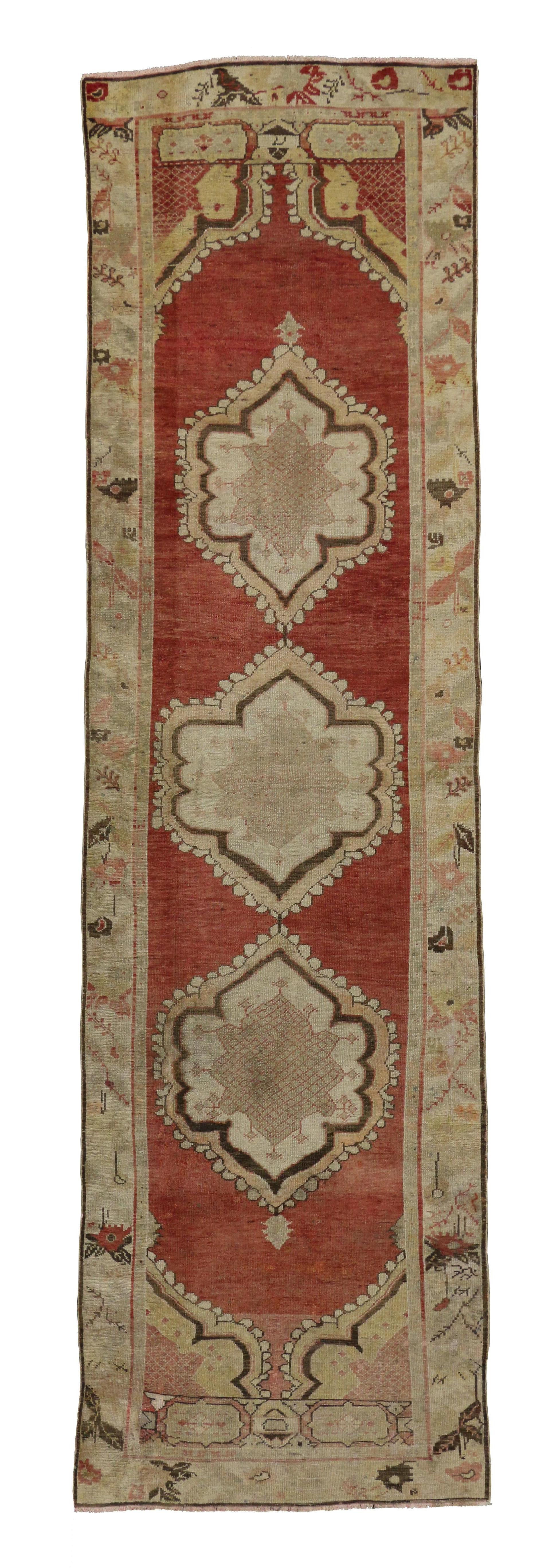 50670 Vintage Turkish Oushak Runner with Rustic Mid-Century Modern Style 03'02 x 11'07. Warm and inviting, this hand-knotted wool vintage Turkish Oushak runner beautifully embodies Mid-Century Modern style with rustic vibes. The abrashed brick red