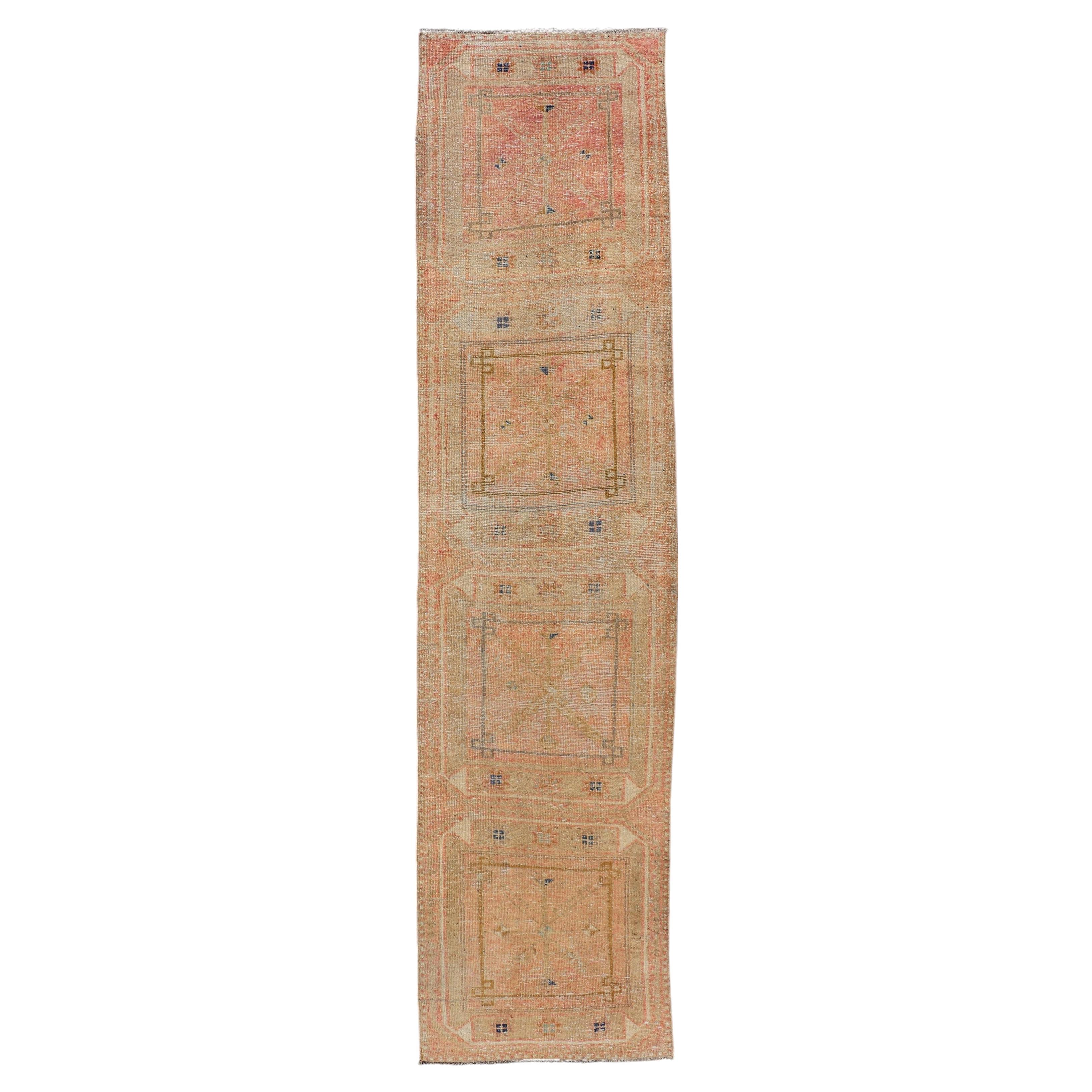 Vintage Turkish Oushak Runner with Soft Apricot and Ivory Panel Design