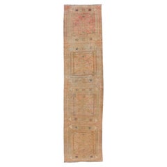 Vintage Turkish Oushak Runner with Soft Apricot and Ivory Panel Design