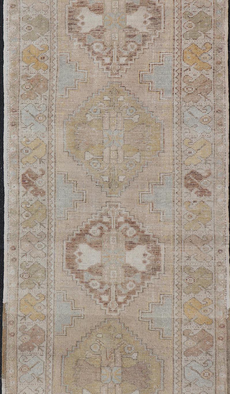 Hand-Knotted Vintage Turkish Oushak Runner With Soft Earth Tones and Pastel Accents 3'0