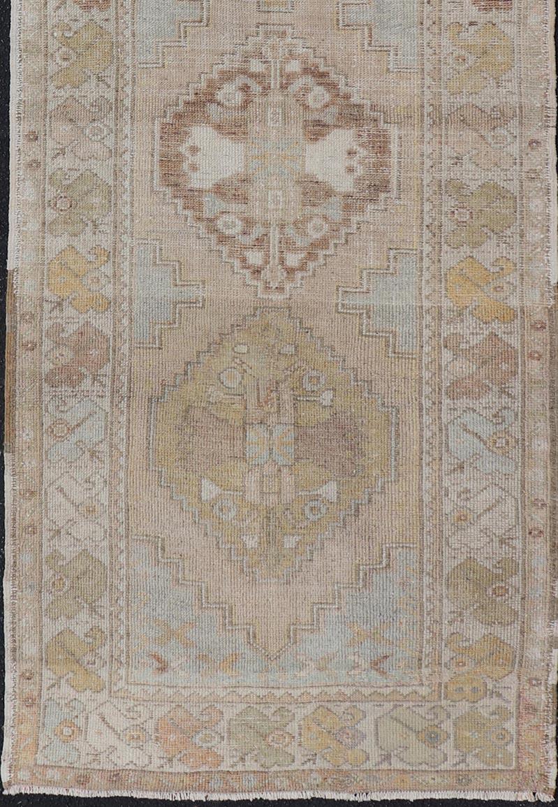 Vintage Turkish Oushak Runner With Soft Earth Tones and Pastel Accents 3'0