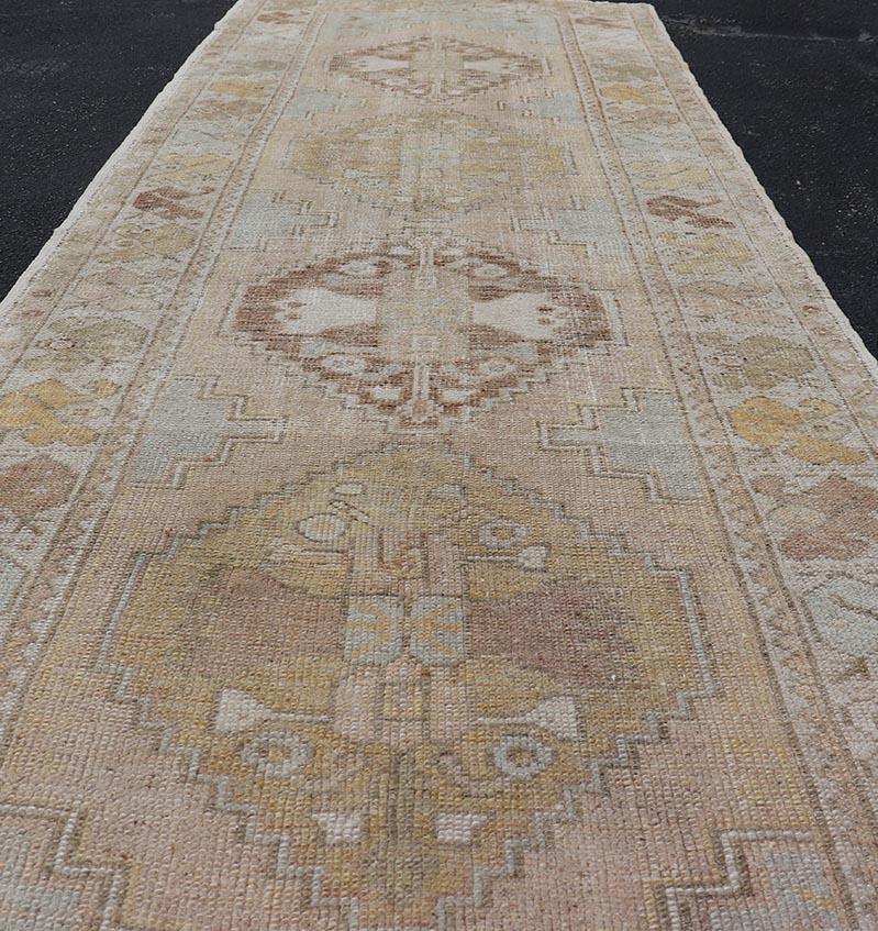 Vintage Turkish Oushak Runner With Soft Earth Tones and Pastel Accents 3'0