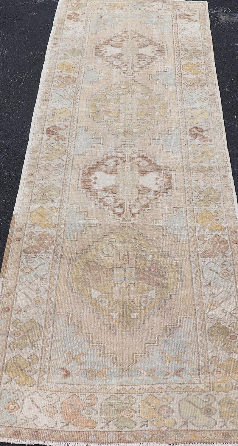 Vintage Turkish Oushak Runner With Soft Earth Tones and Pastel Accents 3'0