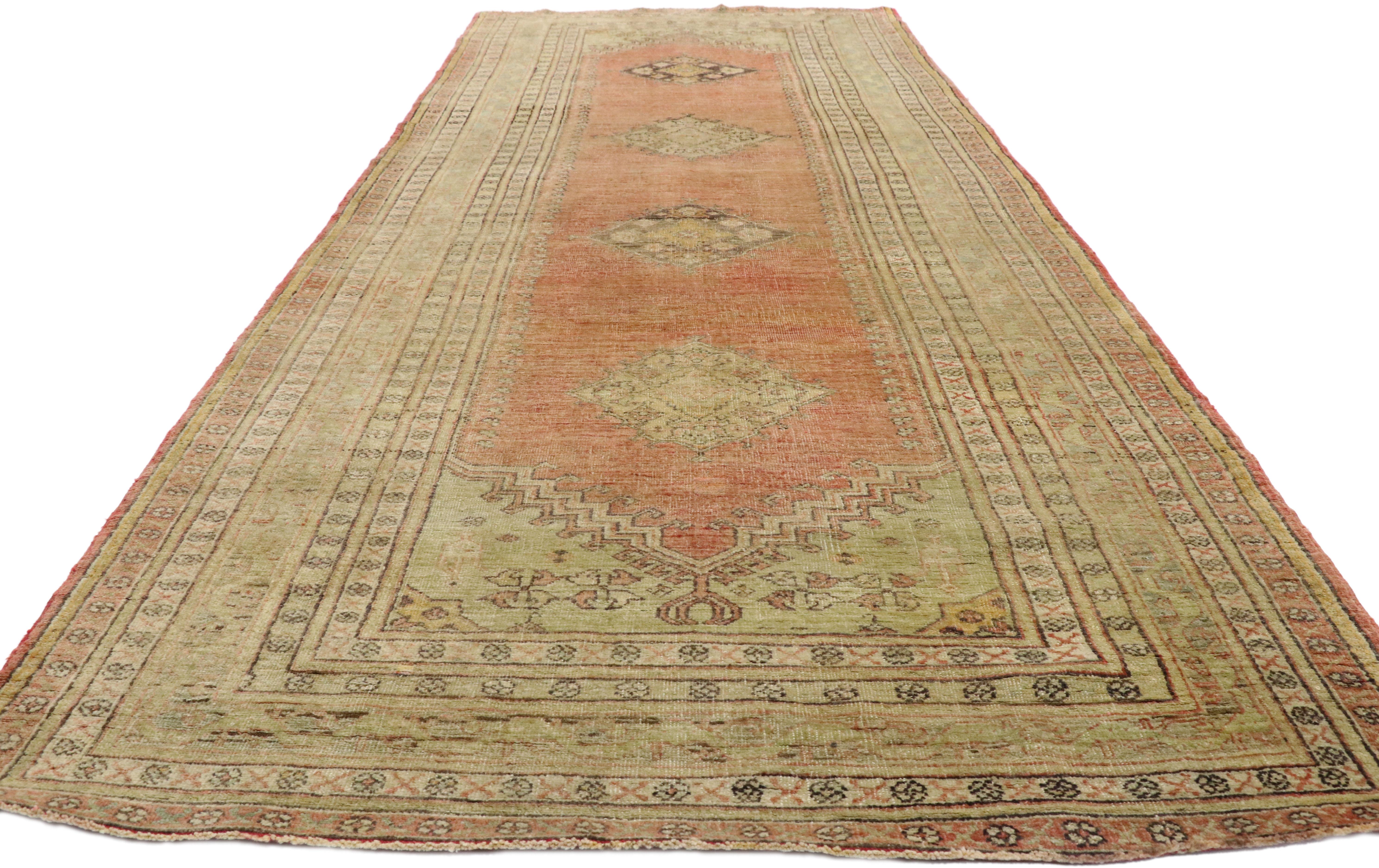 Vintage Turkish Oushak Runner with Soft Muted Colors with Rustic Mission Style In Good Condition For Sale In Dallas, TX