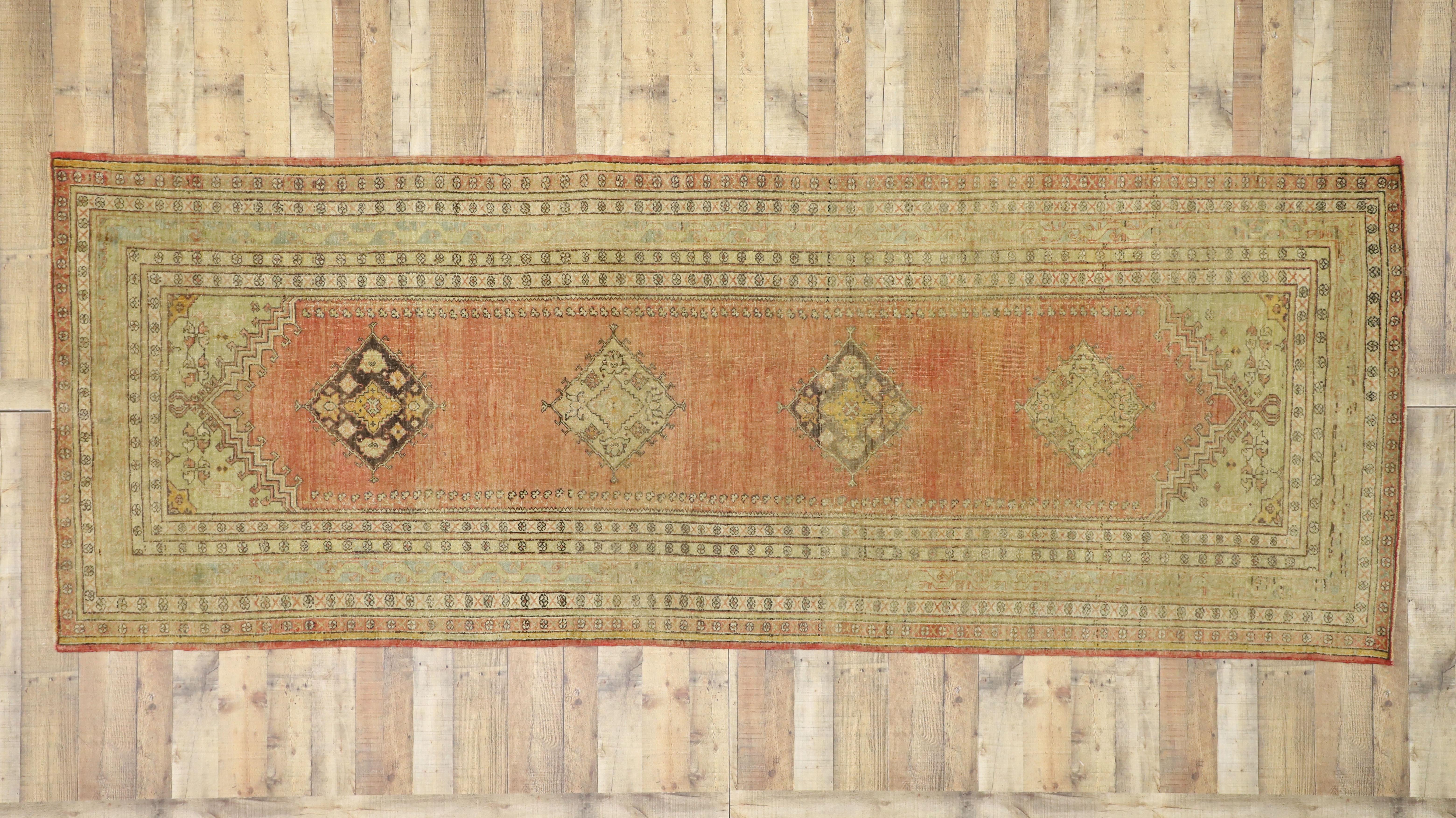Vintage Turkish Oushak Runner with Soft Muted Colors with Rustic Mission Style For Sale 4
