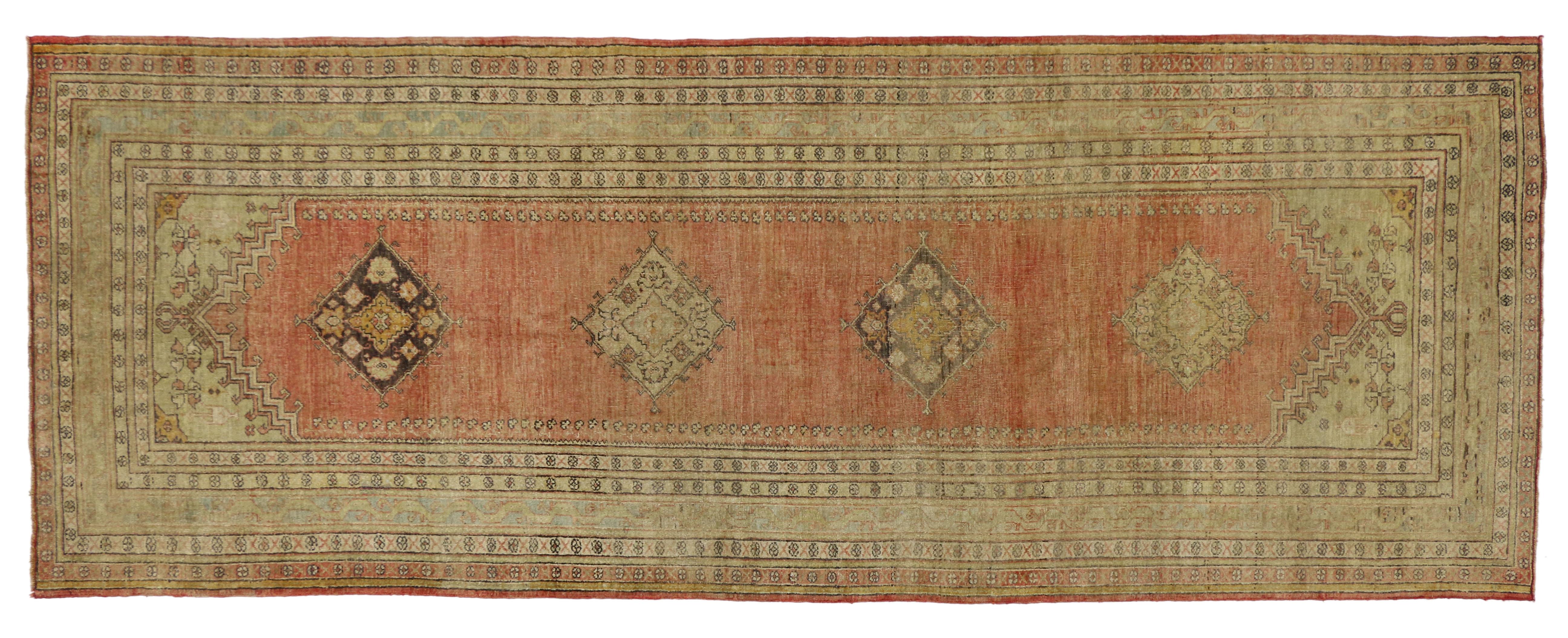 Vintage Turkish Oushak Runner with Soft Muted Colors with Rustic Mission Style For Sale 7