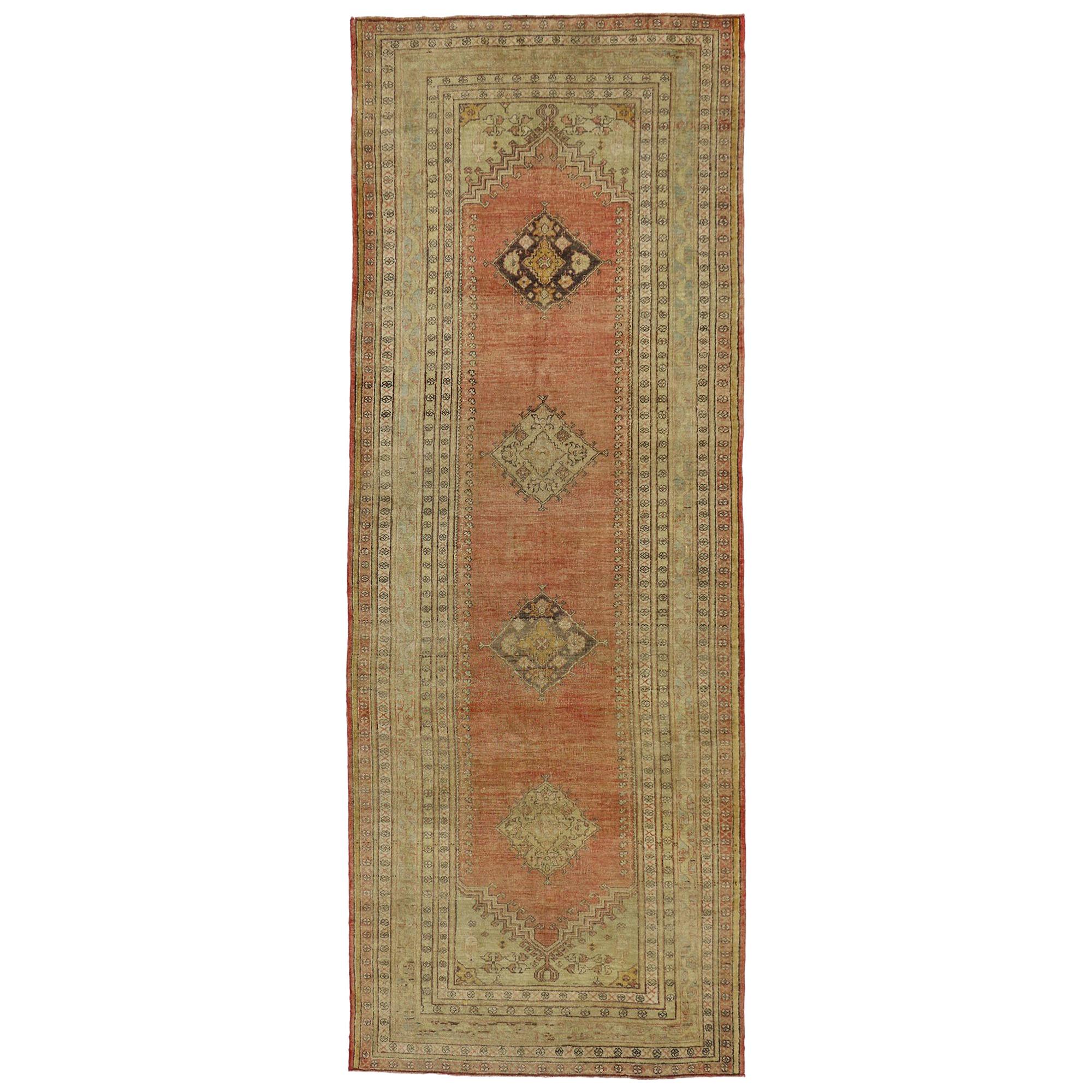 Vintage Turkish Oushak Runner with Soft Muted Colors with Rustic Mission Style