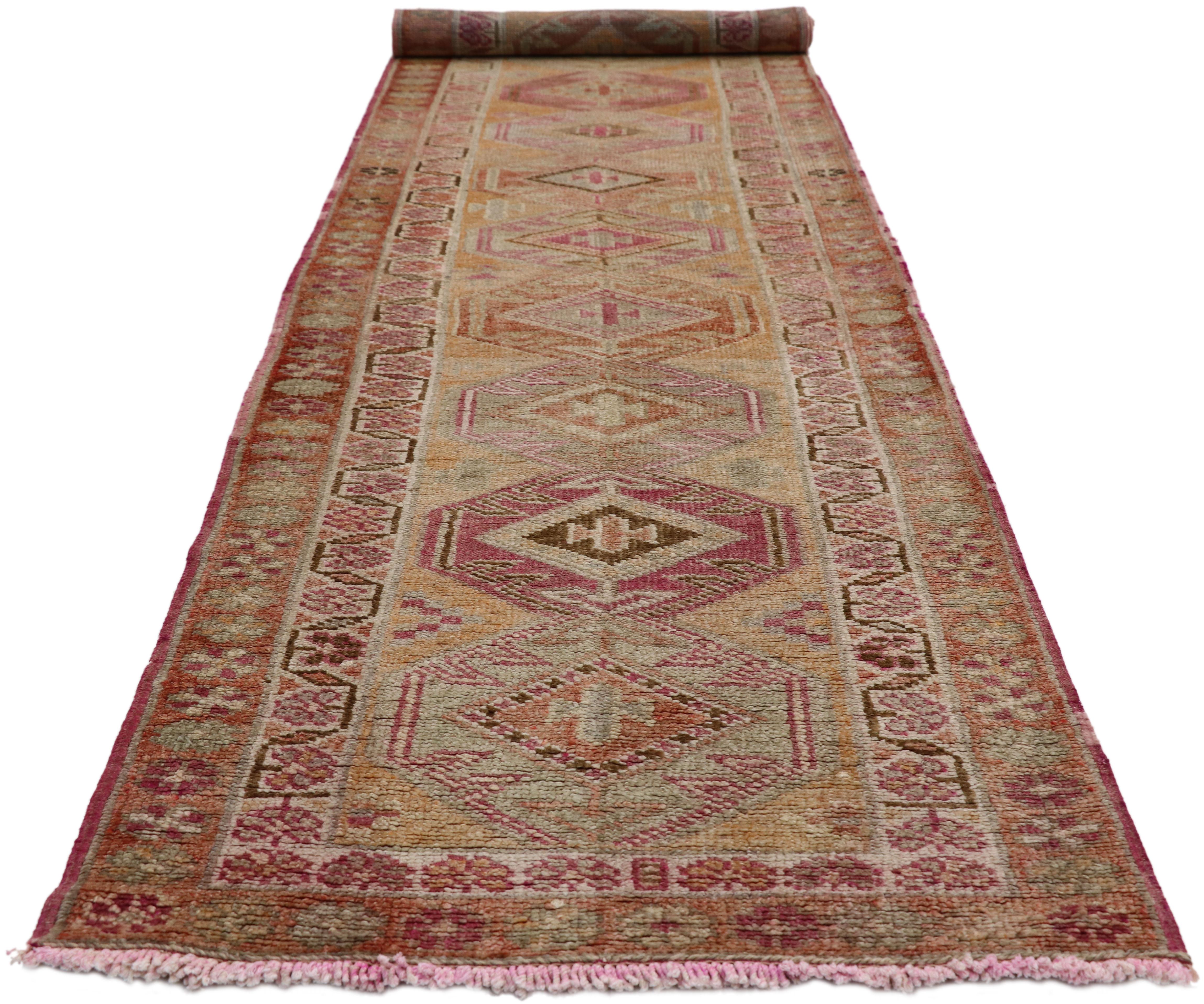 Hand-Knotted Vintage Turkish Oushak Runner with Soft Pastel Colors, Hallway Runner For Sale