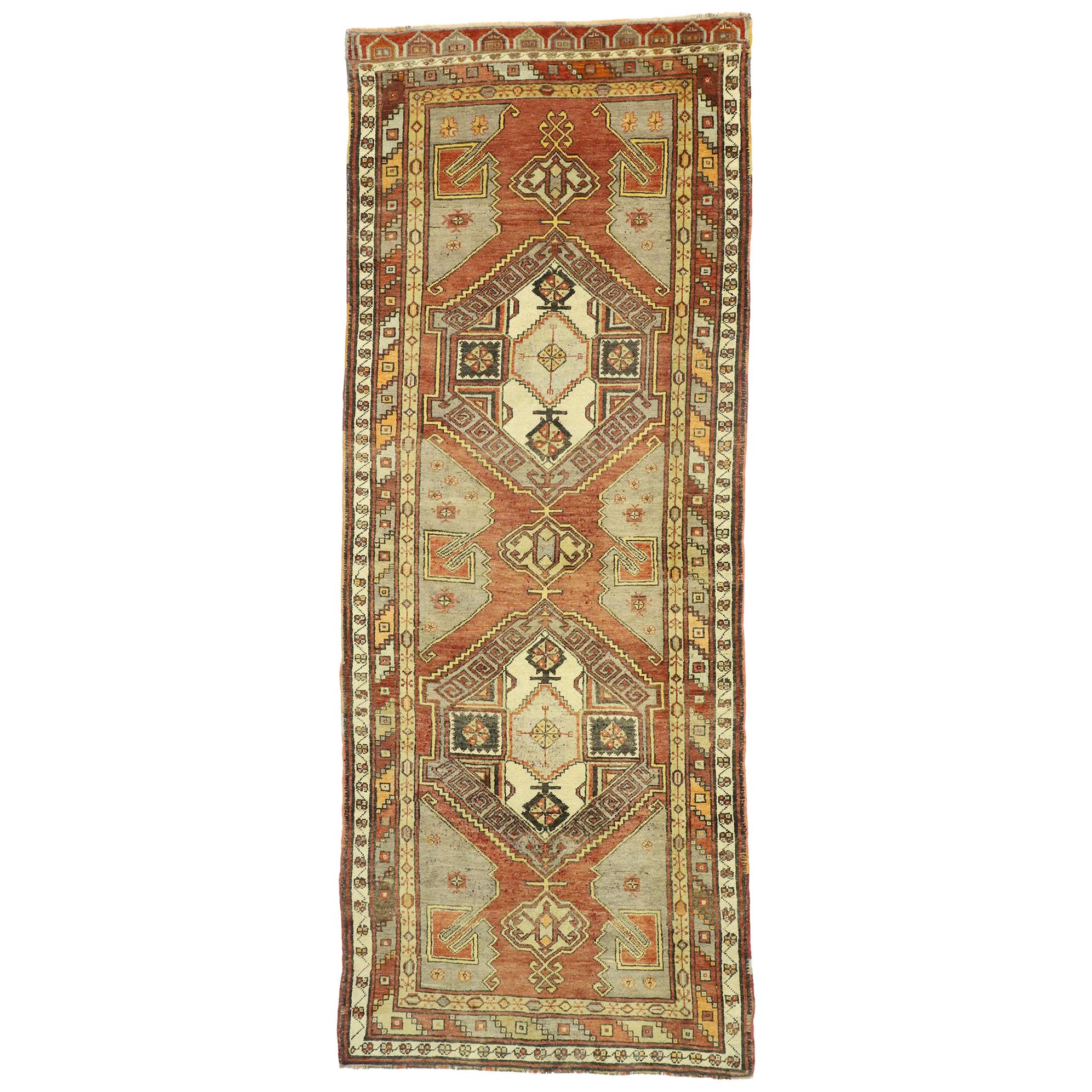 Vintage Turkish Oushak Runner with Spanish Revival Style, Wide Hallway Runner