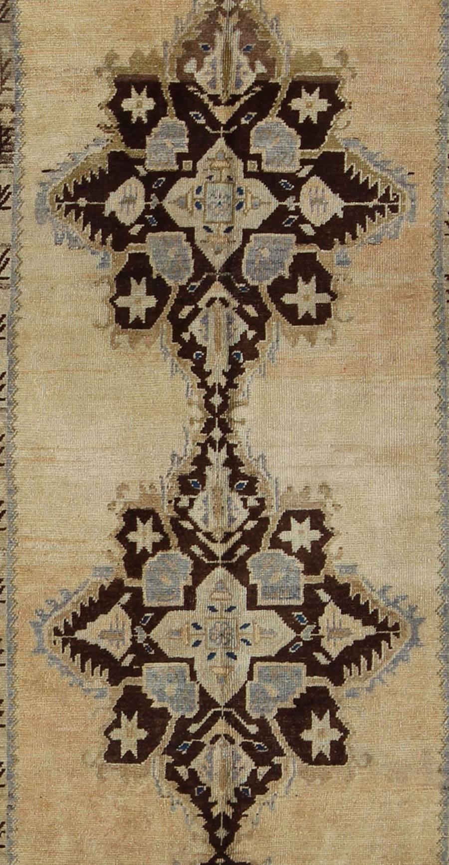 Wool Vintage Turkish Oushak Runner with Starburst Medallion in Green, Brown and Beige