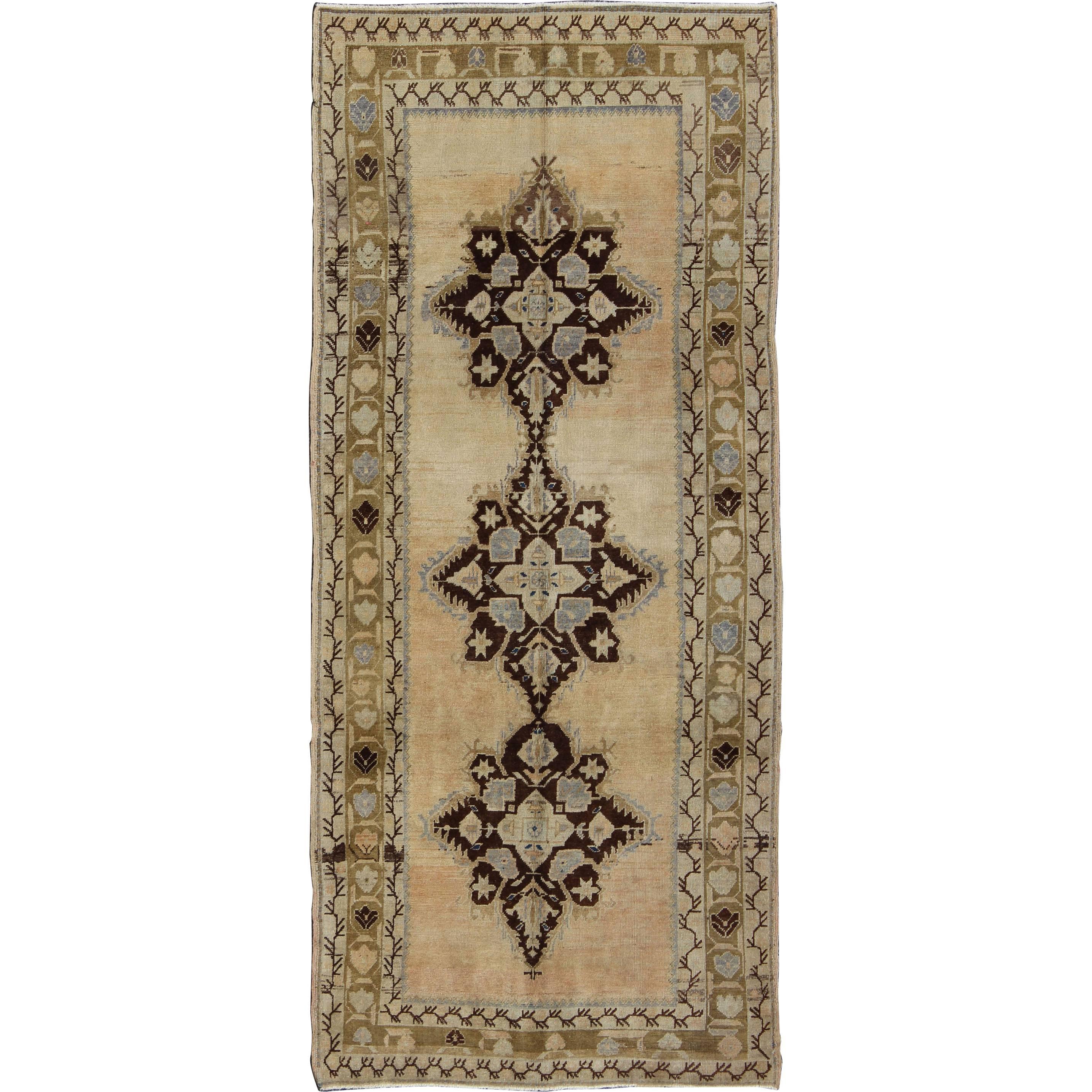 Vintage Turkish Oushak Runner with Starburst Medallion in Green, Brown and Beige