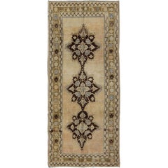 Vintage Turkish Oushak Runner with Starburst Medallion in Green, Brown and Beige