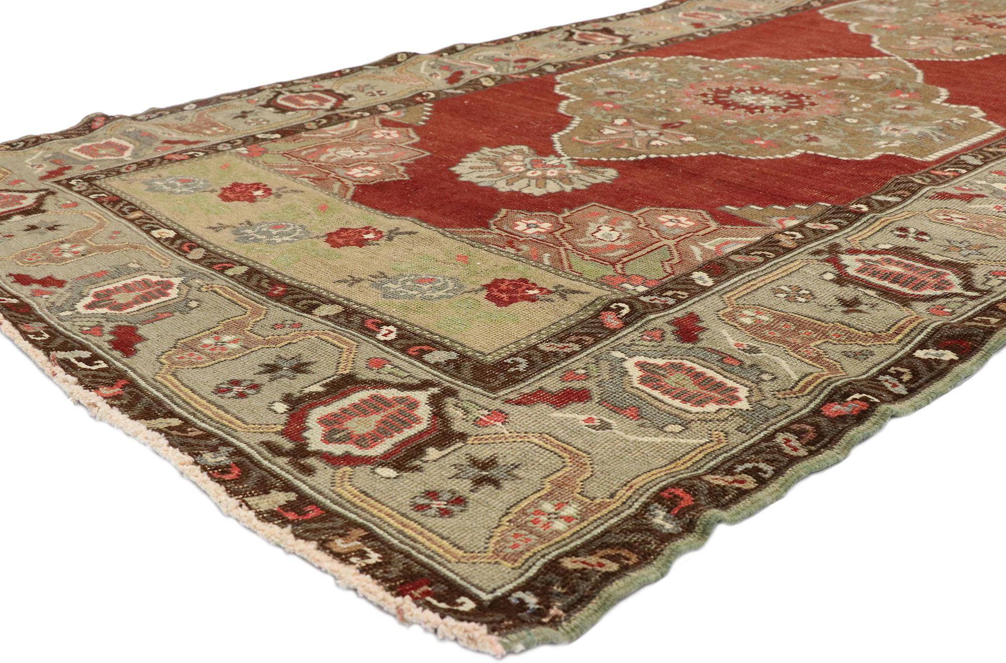 51552, vintage Turkish Oushak Runner with Traditional Modern style, Hallway Runner. This hand-knotted wool vintage Turkish Oushak runner featuring three large stacked geometric medallions and tribal motifs in an open abrashed dark red field