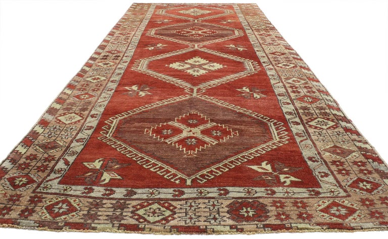 Hand-Knotted Vintage Turkish Oushak Gallery Rug with Mid-Century Modern Style, Hallway Runner For Sale