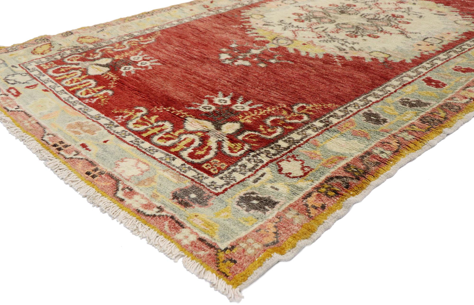 52129 Distressed vintage Turkish Oushak runner.
French Country and Romantic Rusticity meets timeless Anatolian tradition in this hand knotted wool vintage Turkish Oushak hallway rug. Set with three elaborate round-oval medallions against an