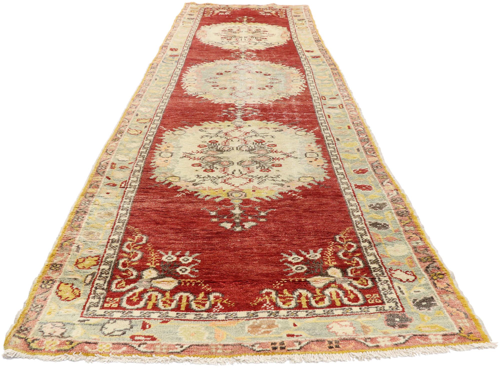 Distressed Vintage Turkish Oushak Hallway Rug In Distressed Condition For Sale In Dallas, TX
