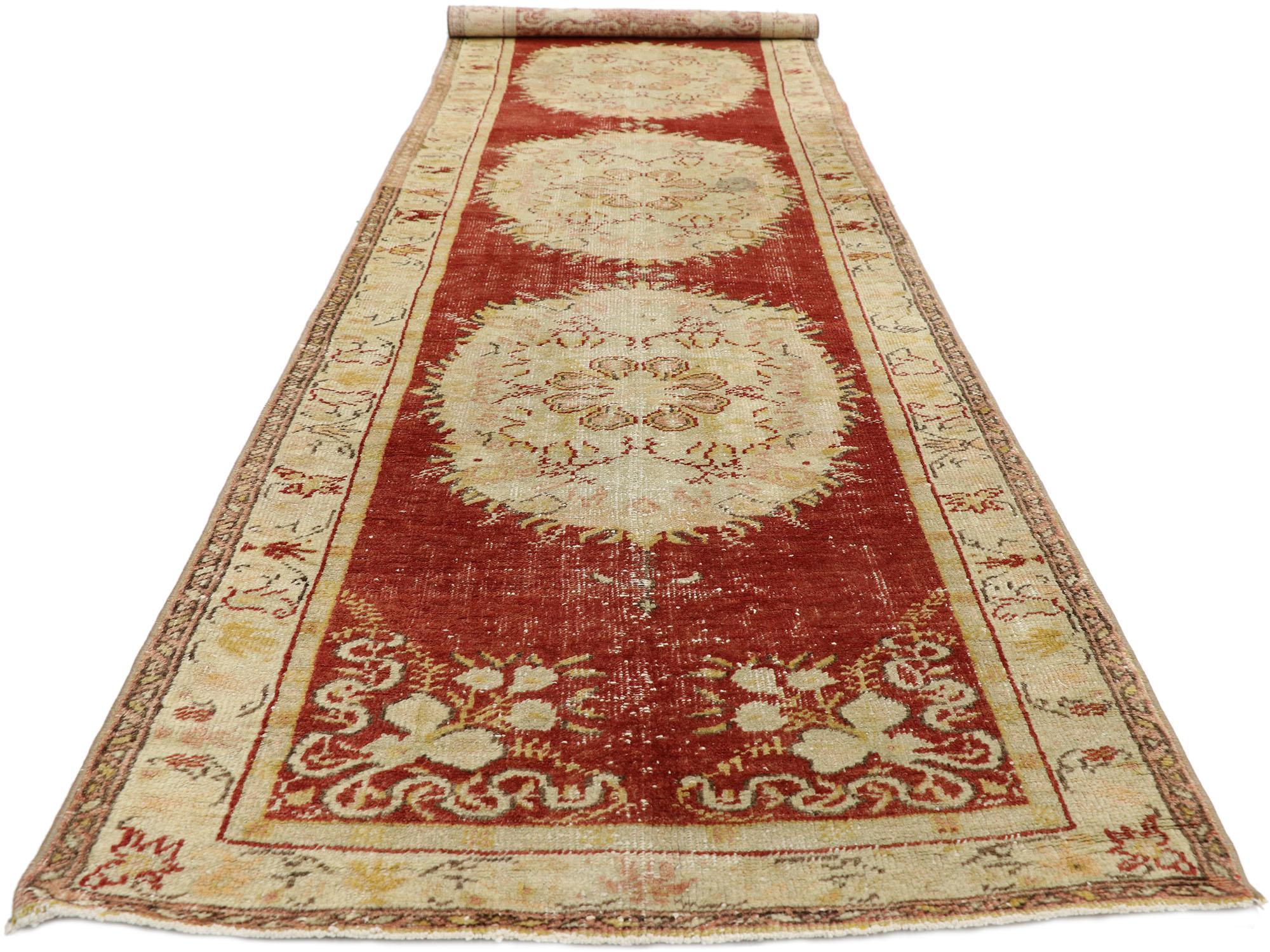 Hand-Knotted Distressed Vintage Turkish Oushak Runner with French Provincial and Rococo Style For Sale