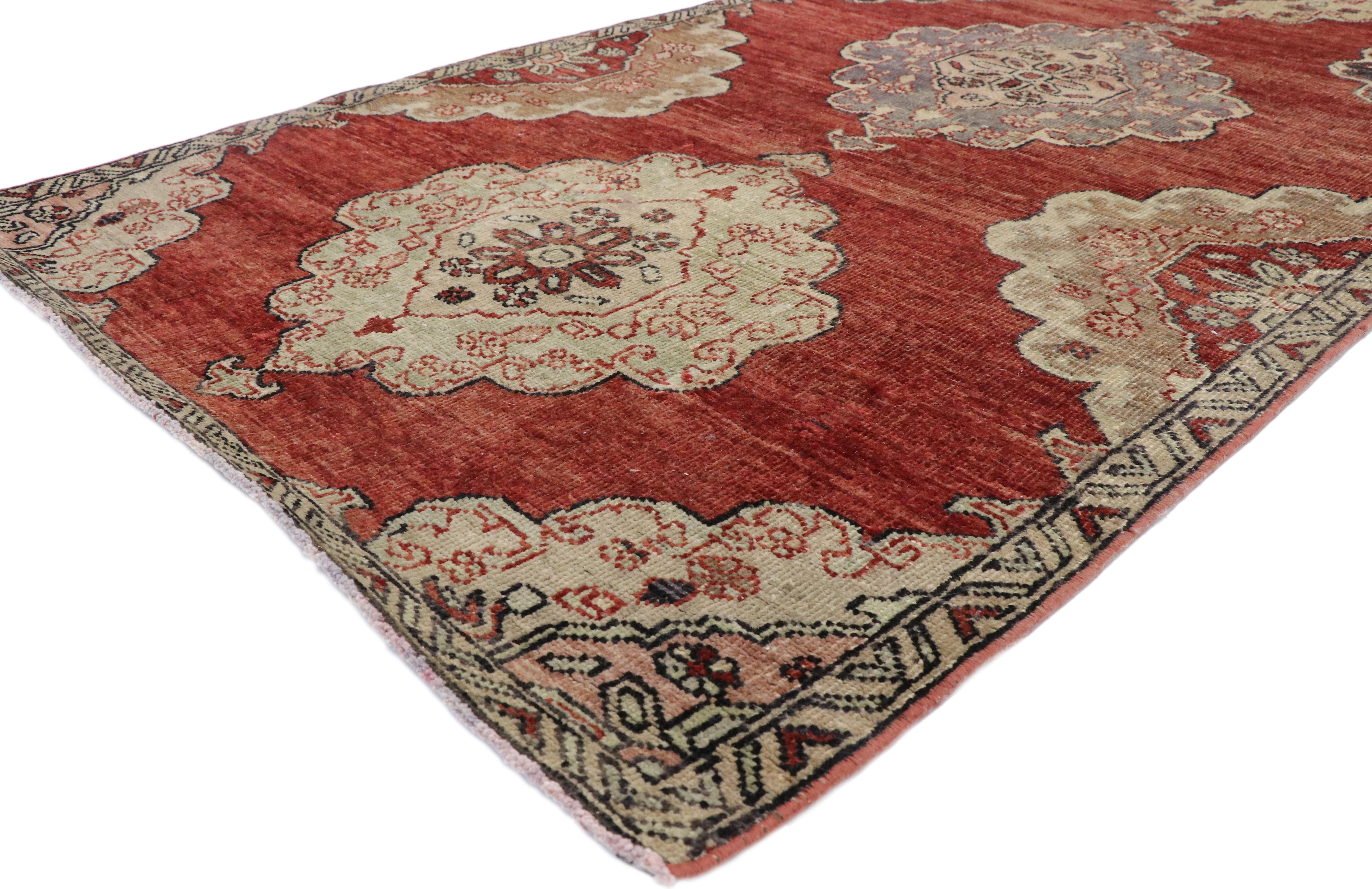 52251 Vintage Turkish Oushak Runner with English Tudor Jacobean Style. Rich in color, intricate details, and timeless design aesthetics, this hand-knotted wool vintage Turkish Oushak runner beautifully embodies English Tudor and Jacobean style.