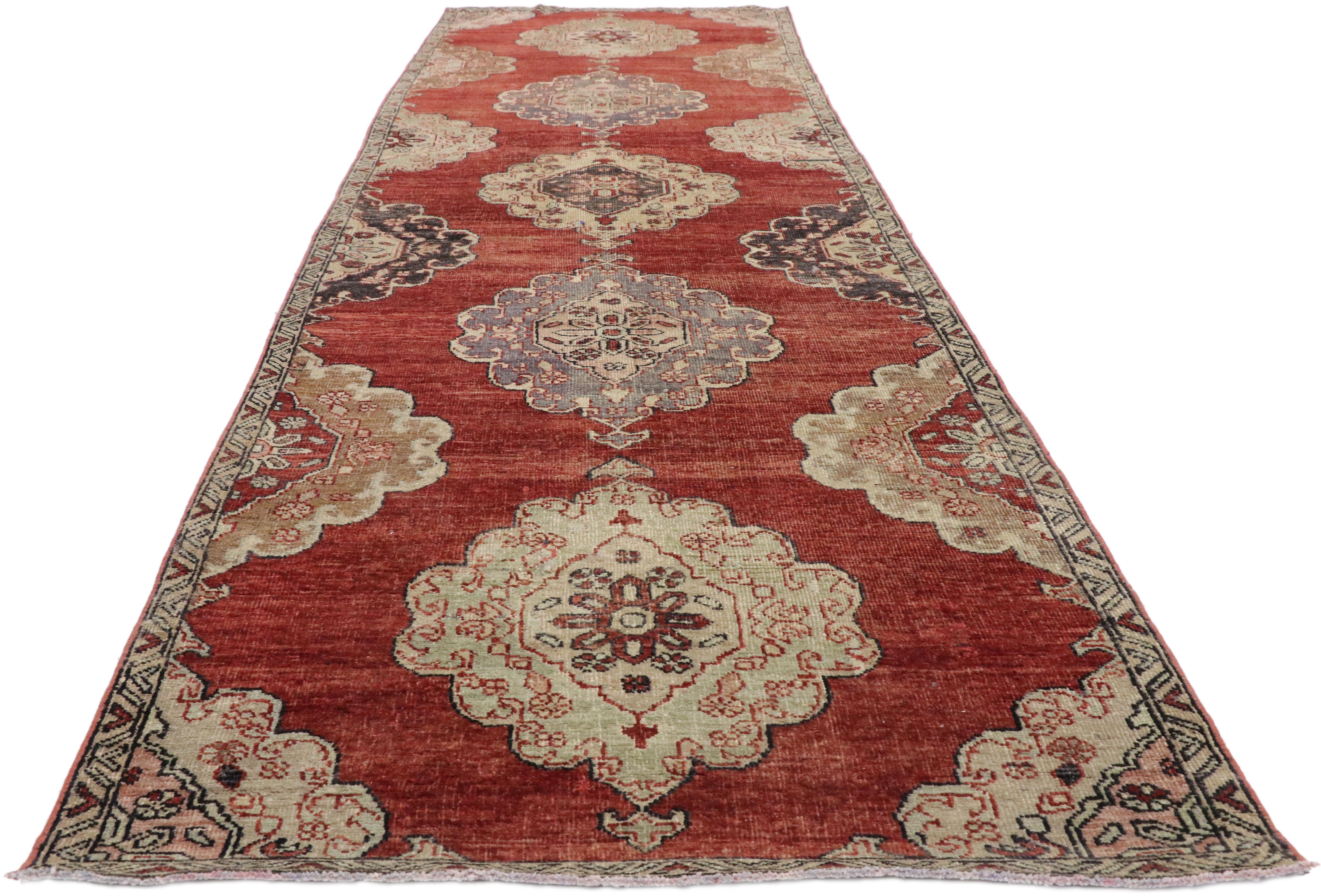 Hand-Knotted Vintage Turkish Oushak Runner with English Tudor Jacobean Style For Sale