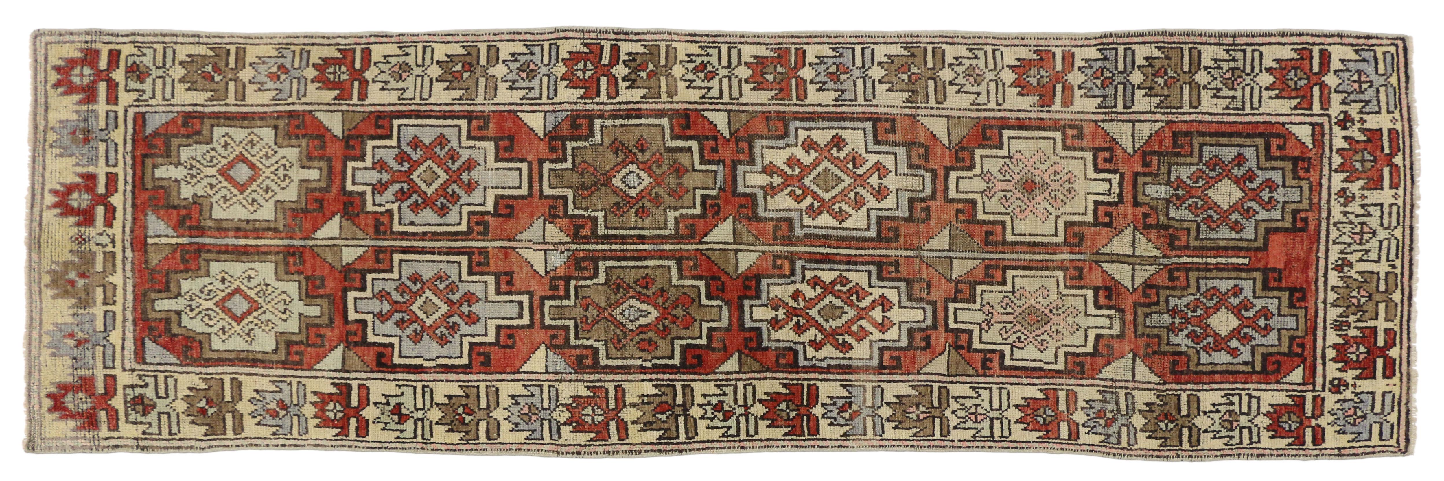 Hand-Knotted Vintage Turkish Oushak Runner with Traditional Style, Hallway Runner