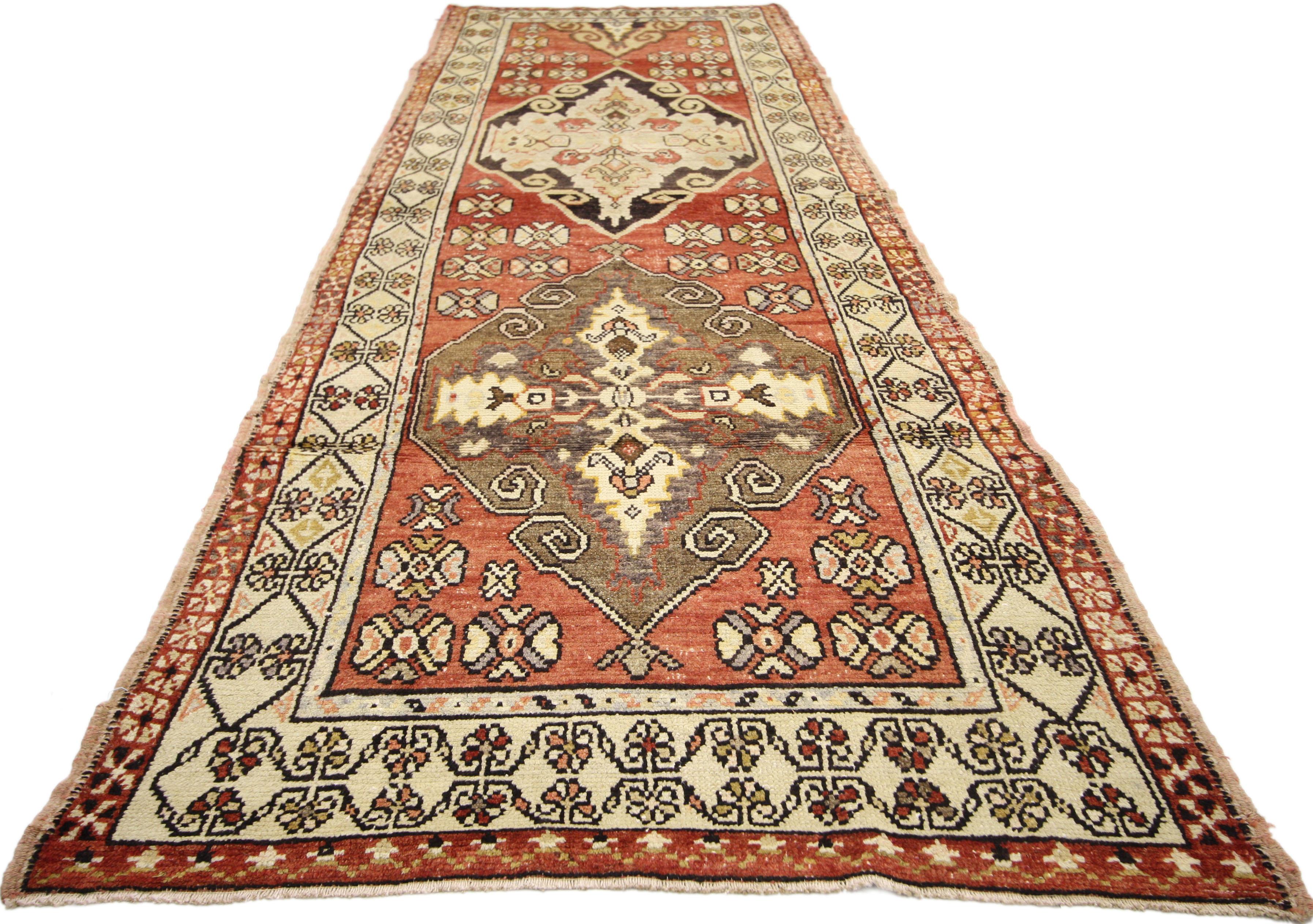 Hand-Knotted Vintage Turkish Oushak Runner with Traditional Style, Hallway Runner For Sale