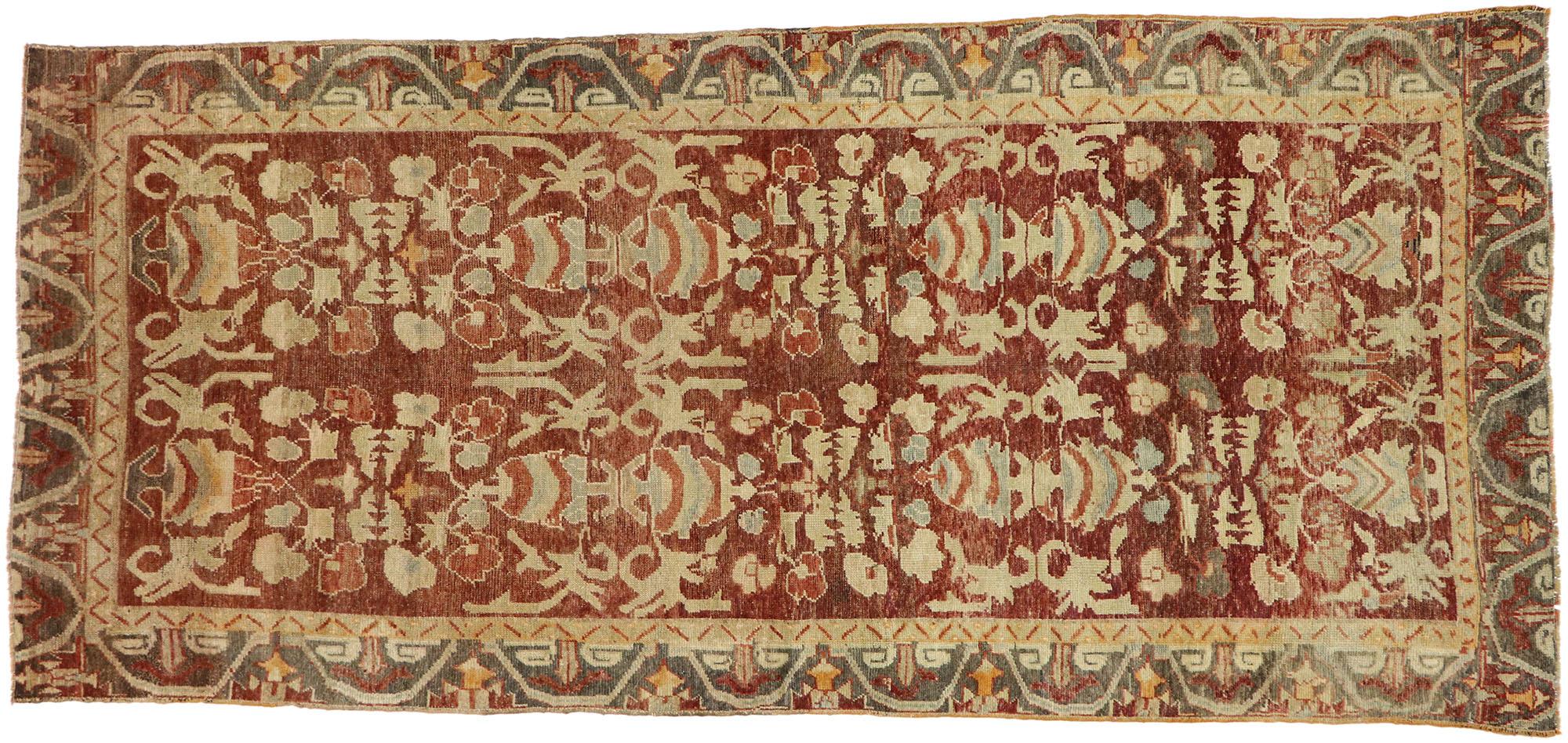 52253 Vintage Turkish Oushak Gallery Rug with Traditional Style, Wide Hallway Runner 04'08 x 10'04. Warm and inviting, this hand-knotted wool vintage Turkish Oushak gallery rug features an all-over geometric botanical pattern arranged in two