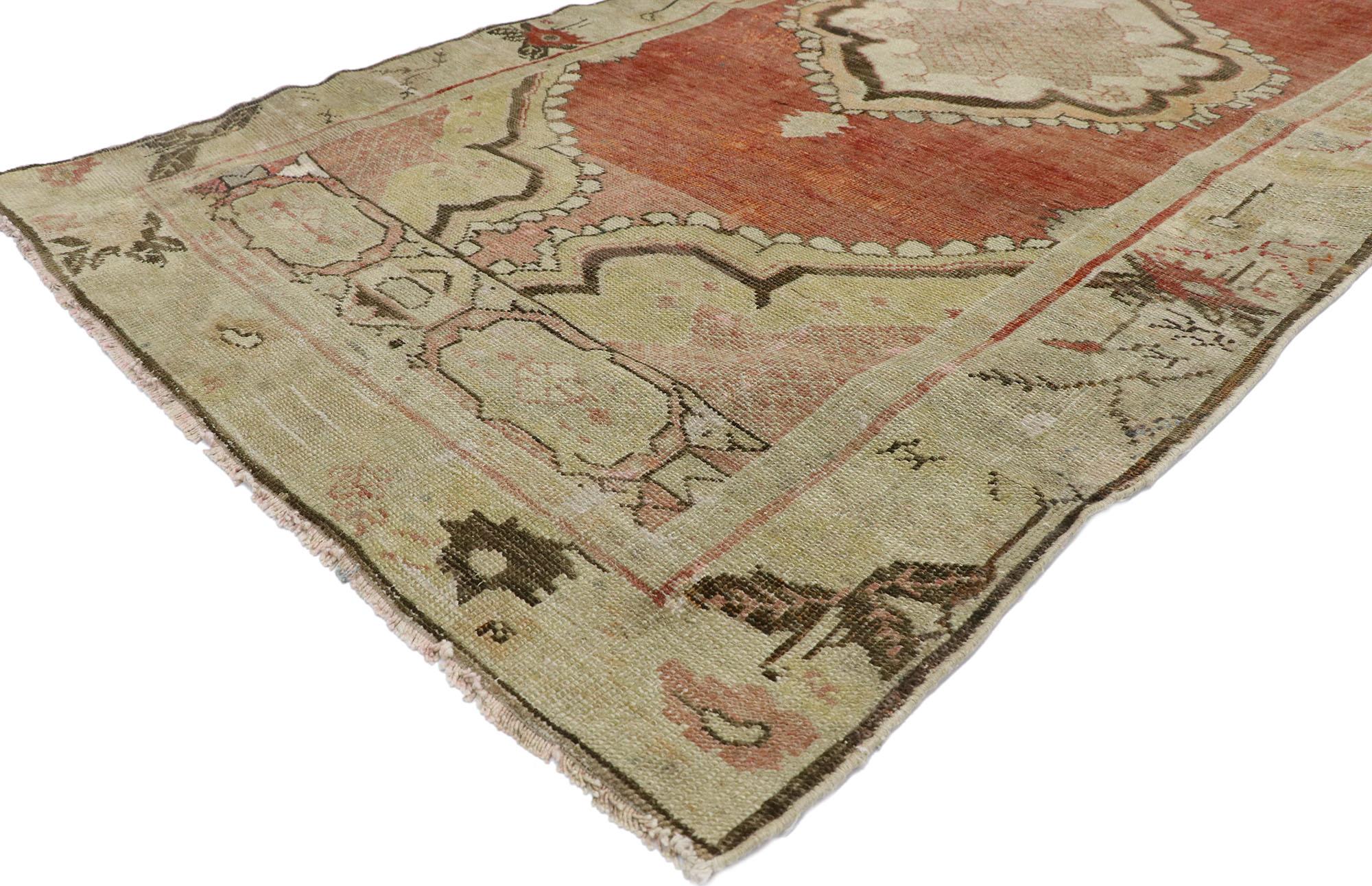 Hand-Knotted Vintage Turkish Oushak Runner with Rustic Mid-Century Modern Style