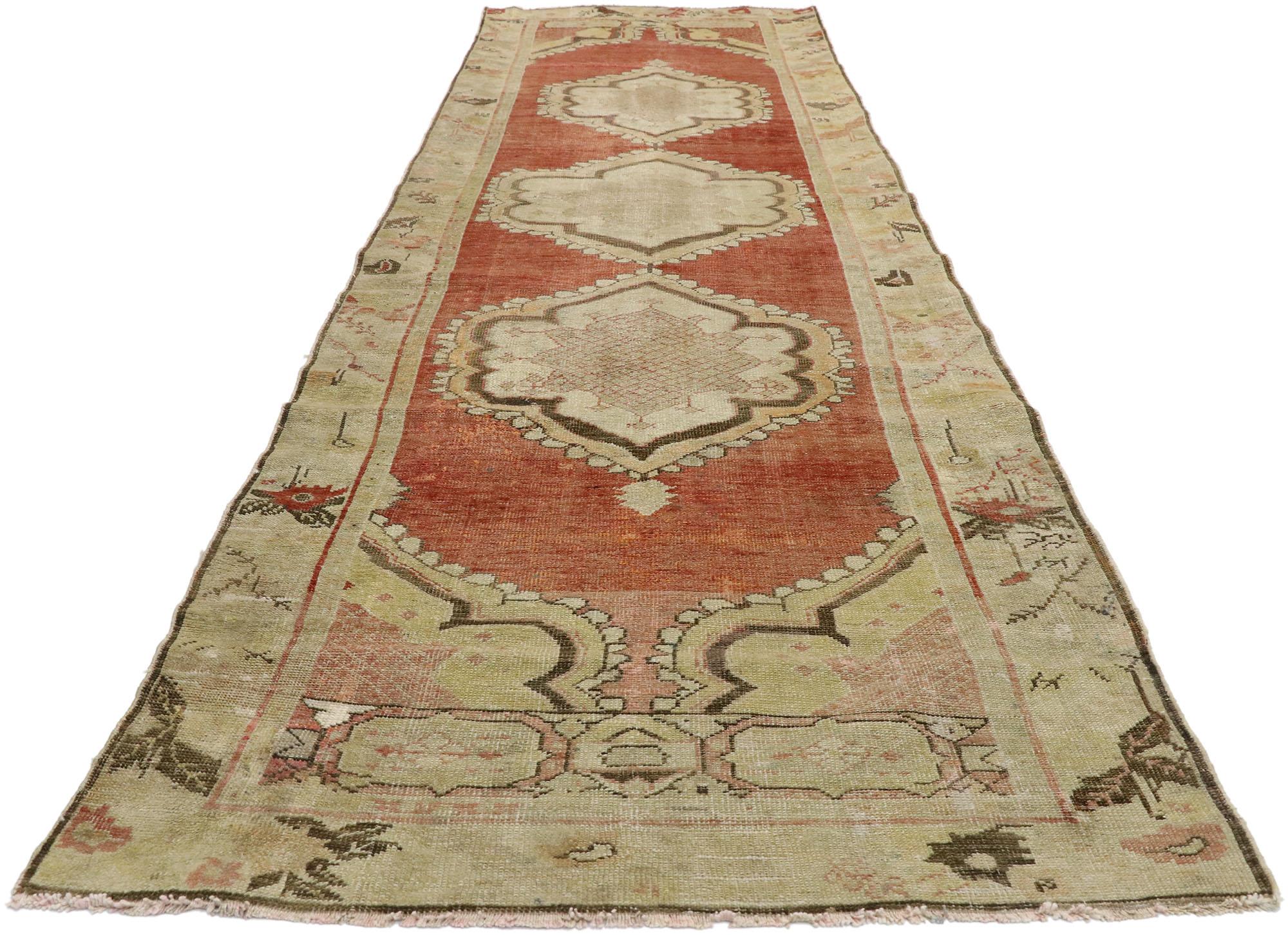 Vintage Turkish Oushak Runner with Rustic Mid-Century Modern Style In Good Condition In Dallas, TX