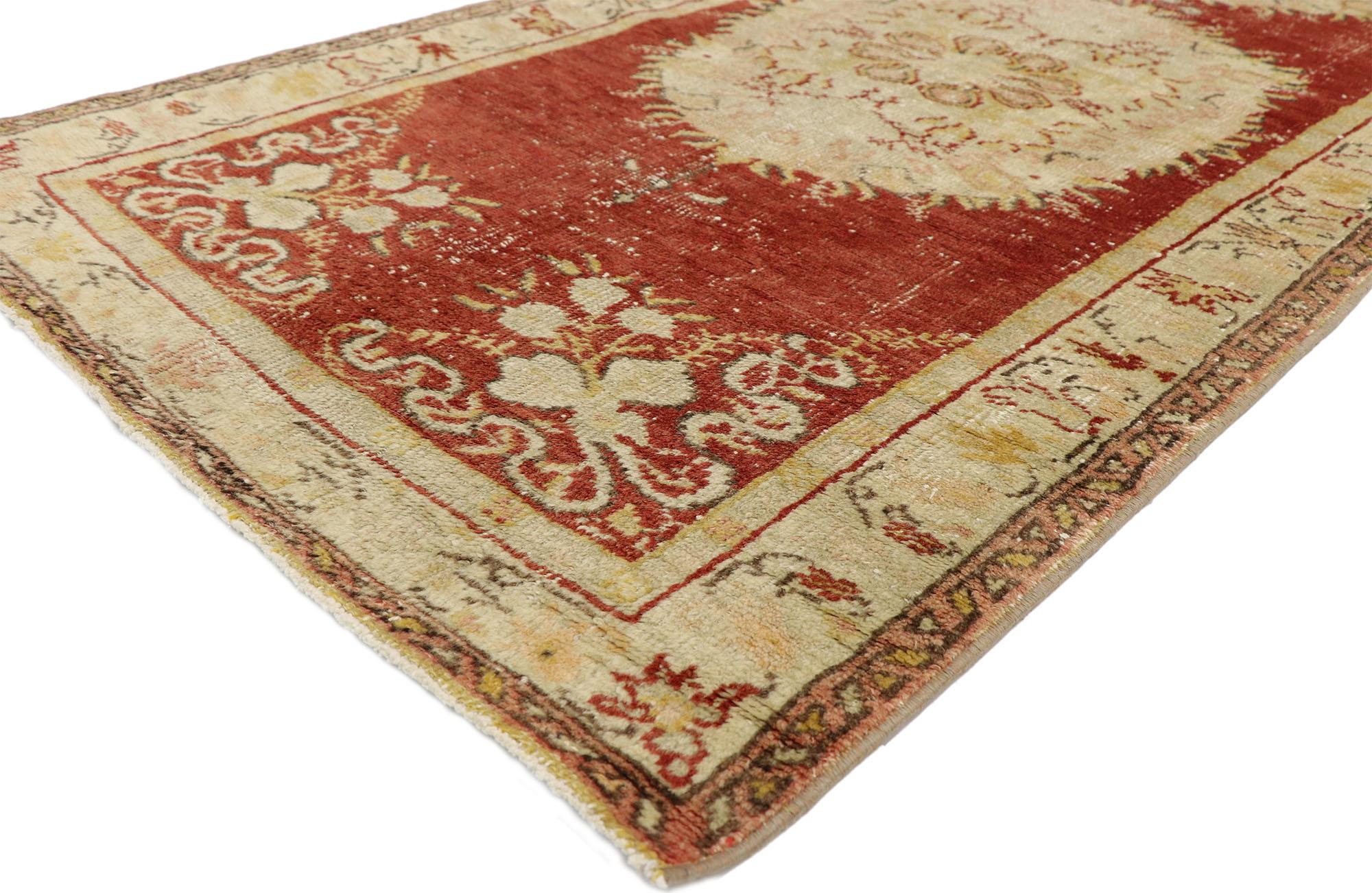 51662 Distressed Vintage Turkish Oushak Runner with French Provincial and Rococo Style. French Provincial and Rococo Romanticism meets timeless Anatolian tradition in this Classic style hand knotted wool distressed vintage Turkish Oushak runner. Set
