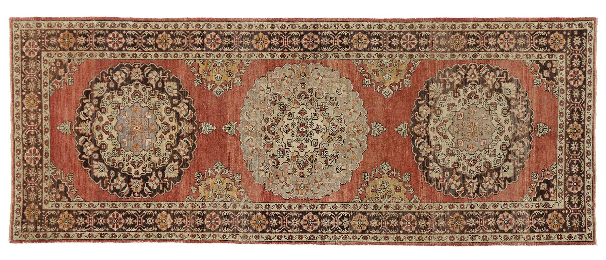 Hand-Knotted Vintage Turkish Oushak Gallery Rug with Traditional Style, Hallway Runner For Sale