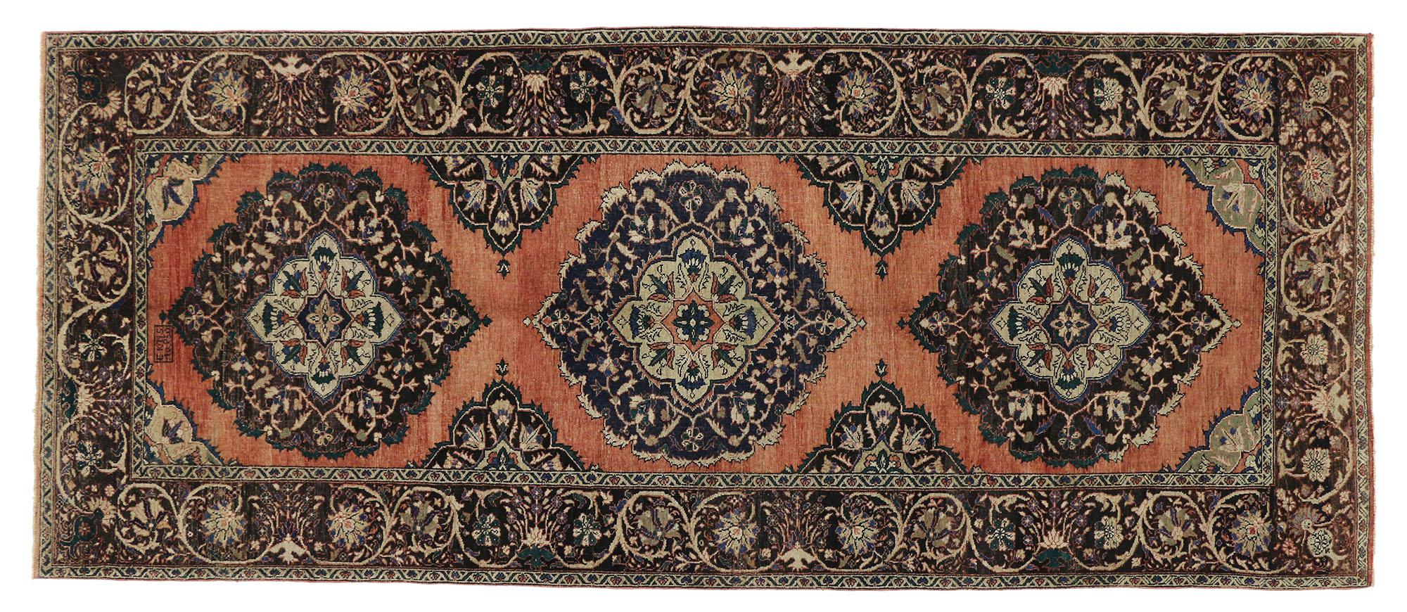Vintage Turkish Oushak Gallery Rug with Jacobean Style, Wide Hallway Runner In Good Condition For Sale In Dallas, TX