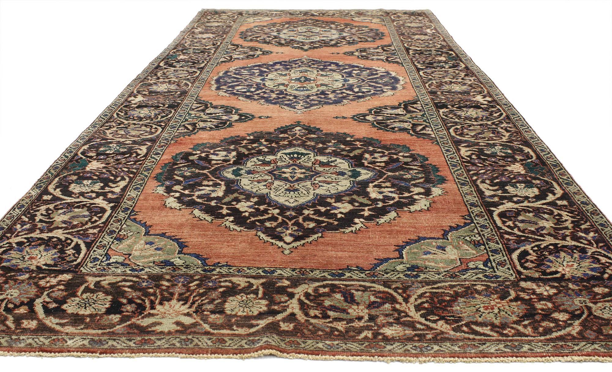 Hand-Knotted Vintage Turkish Oushak Gallery Rug with Jacobean Style, Wide Hallway Runner For Sale