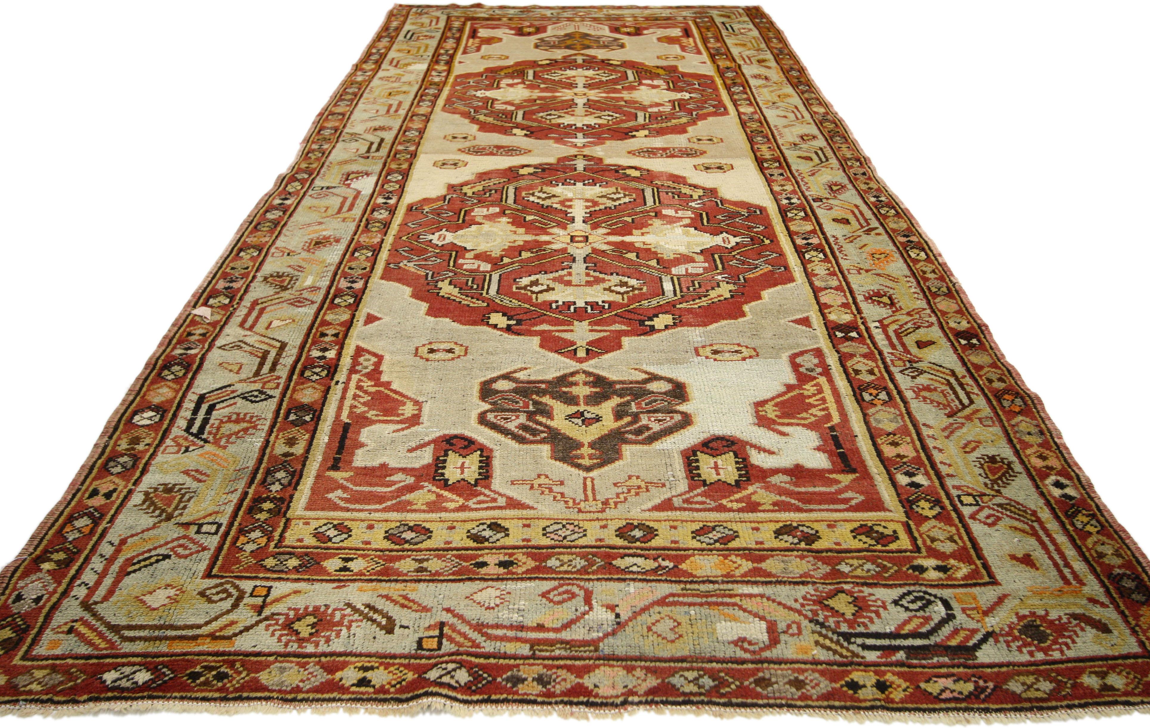 Hand-Knotted Vintage Turkish Oushak Runner with Tribal Design Rustic Style, Hallway Runner For Sale