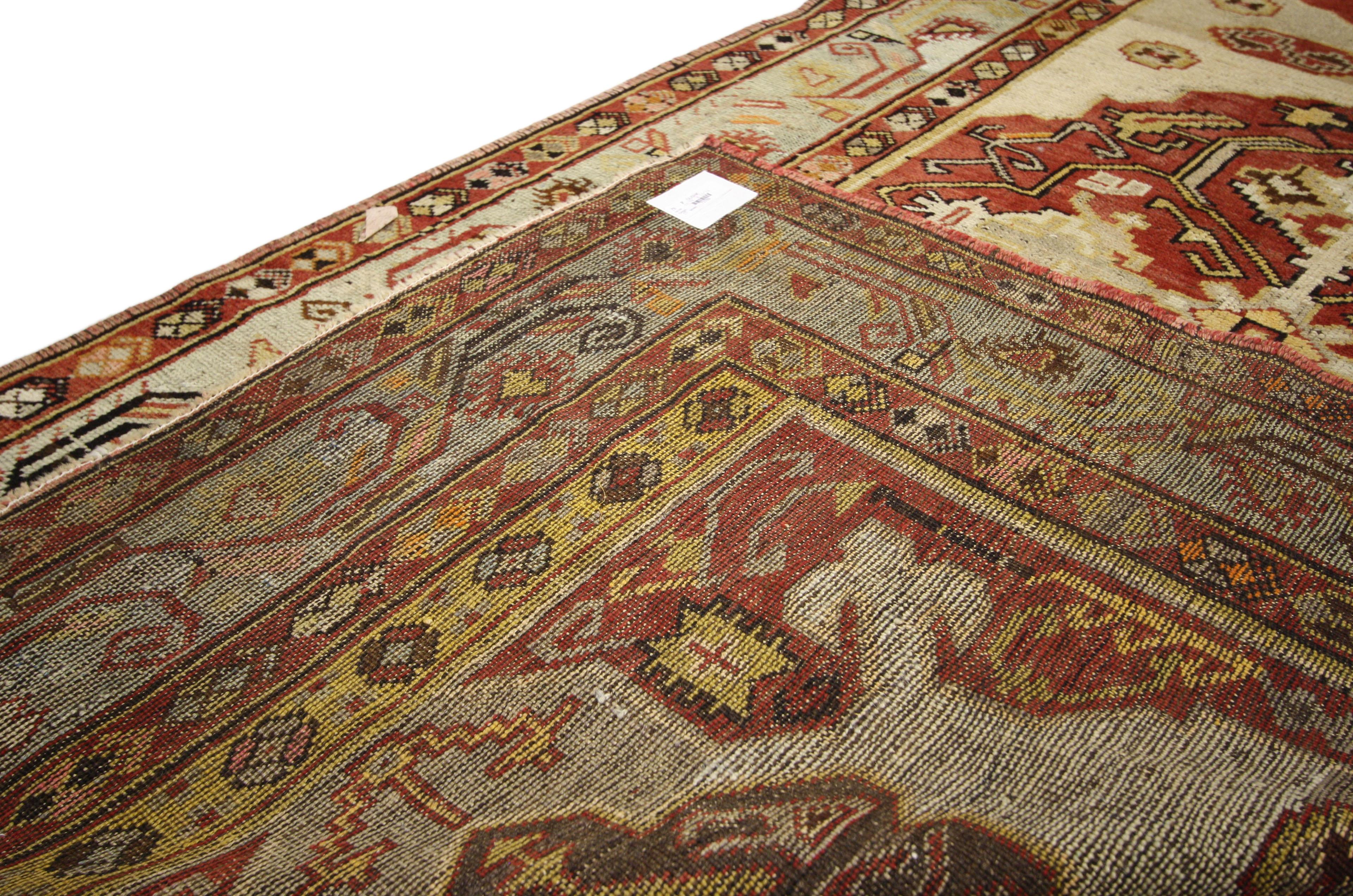 20th Century Vintage Turkish Oushak Runner with Tribal Design Rustic Style, Hallway Runner For Sale