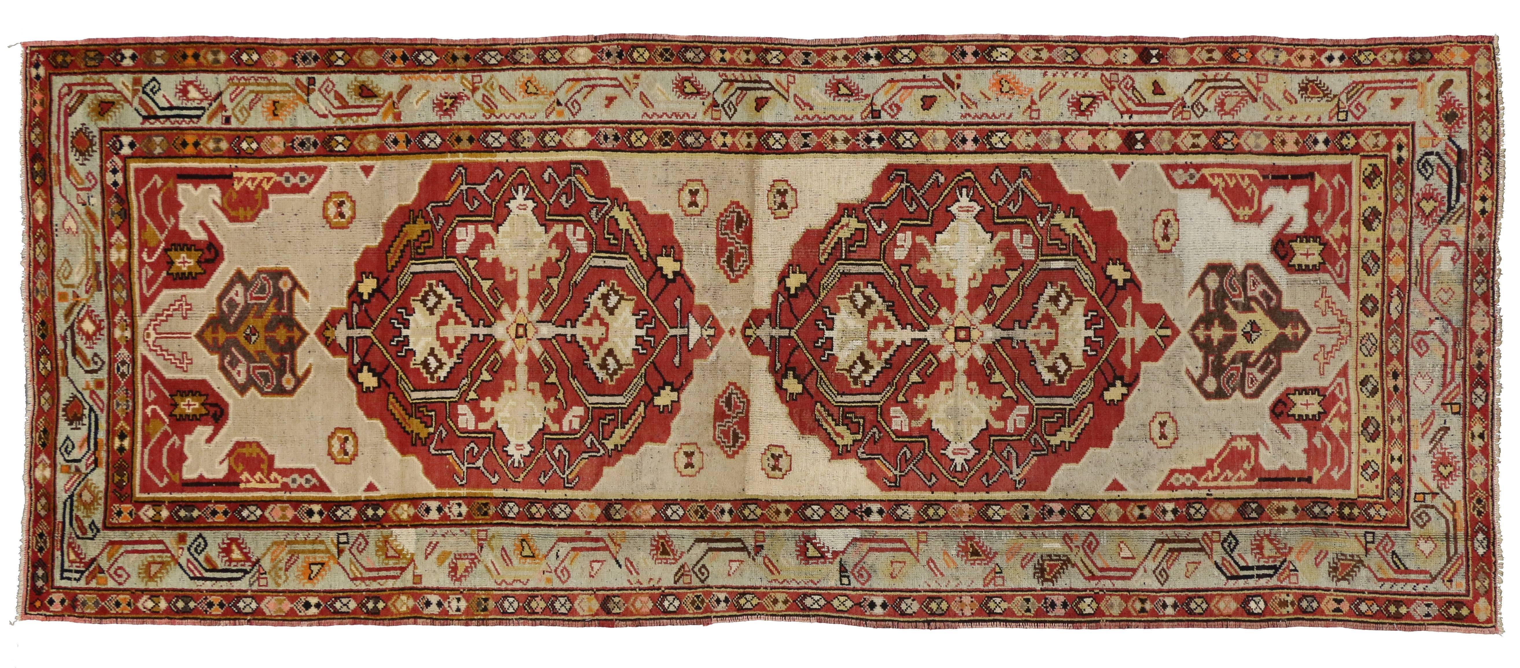 Wool Vintage Turkish Oushak Runner with Tribal Design Rustic Style, Hallway Runner For Sale