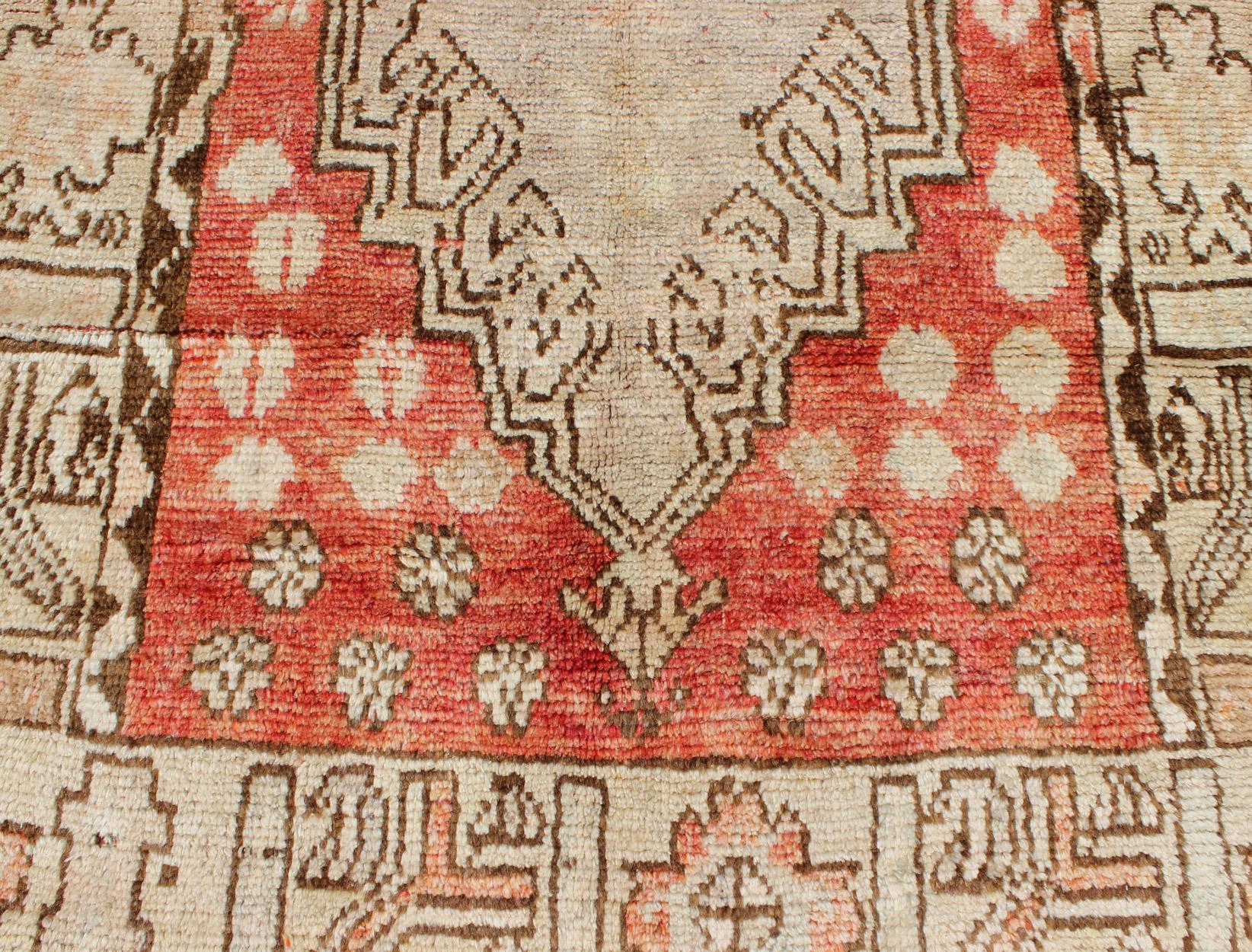 Vintage Turkish Oushak Runner with Tribal Medallion Design in Muted Red, Brown For Sale 4