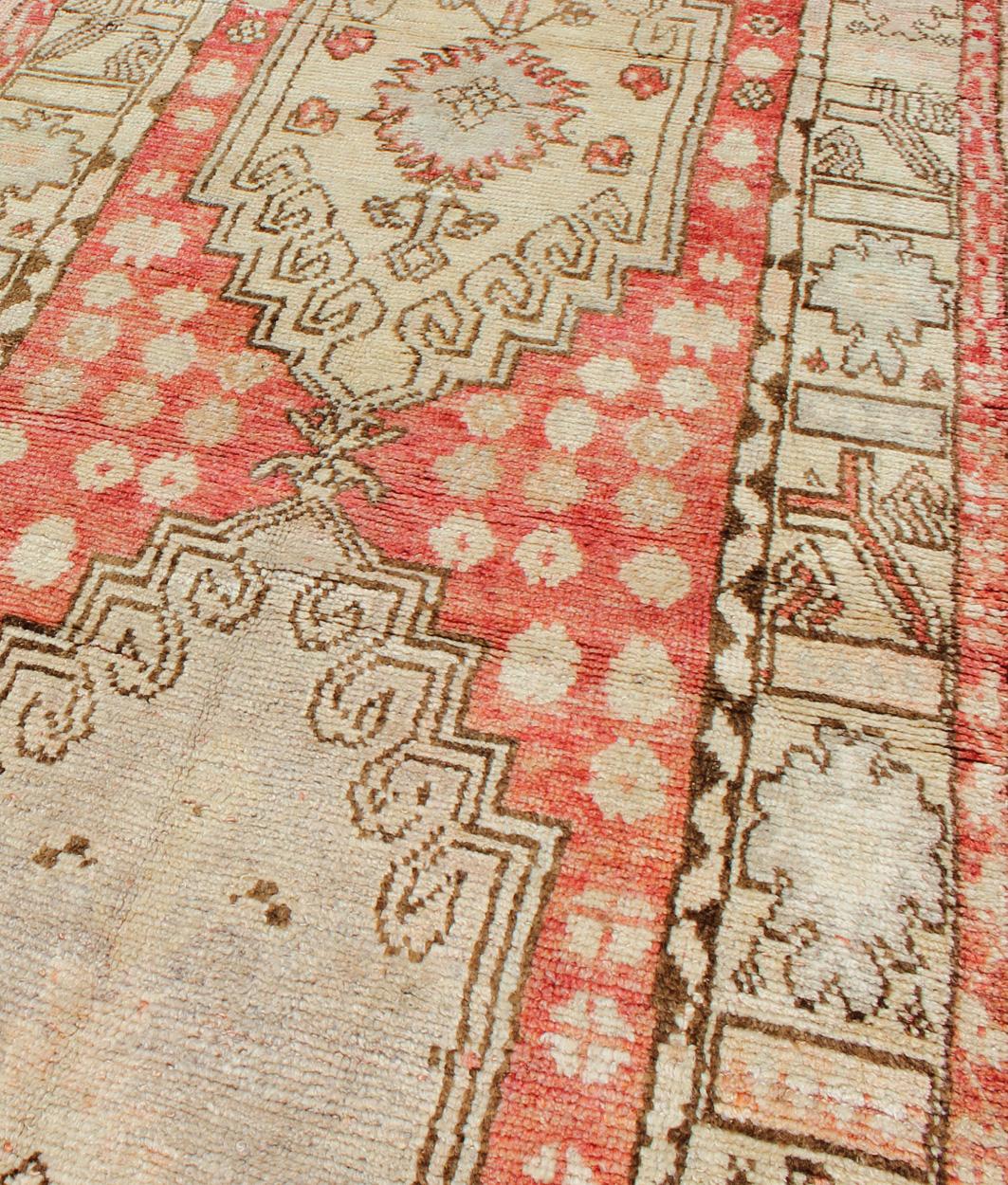 Vintage Turkish Oushak Runner with Tribal Medallion Design in Muted Red, Brown For Sale 5