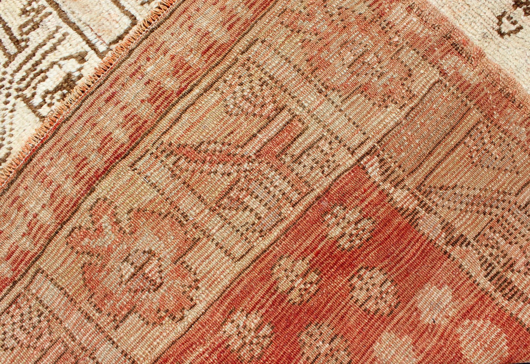 Vintage Turkish Oushak Runner with Tribal Medallion Design in Muted Red, Brown For Sale 6