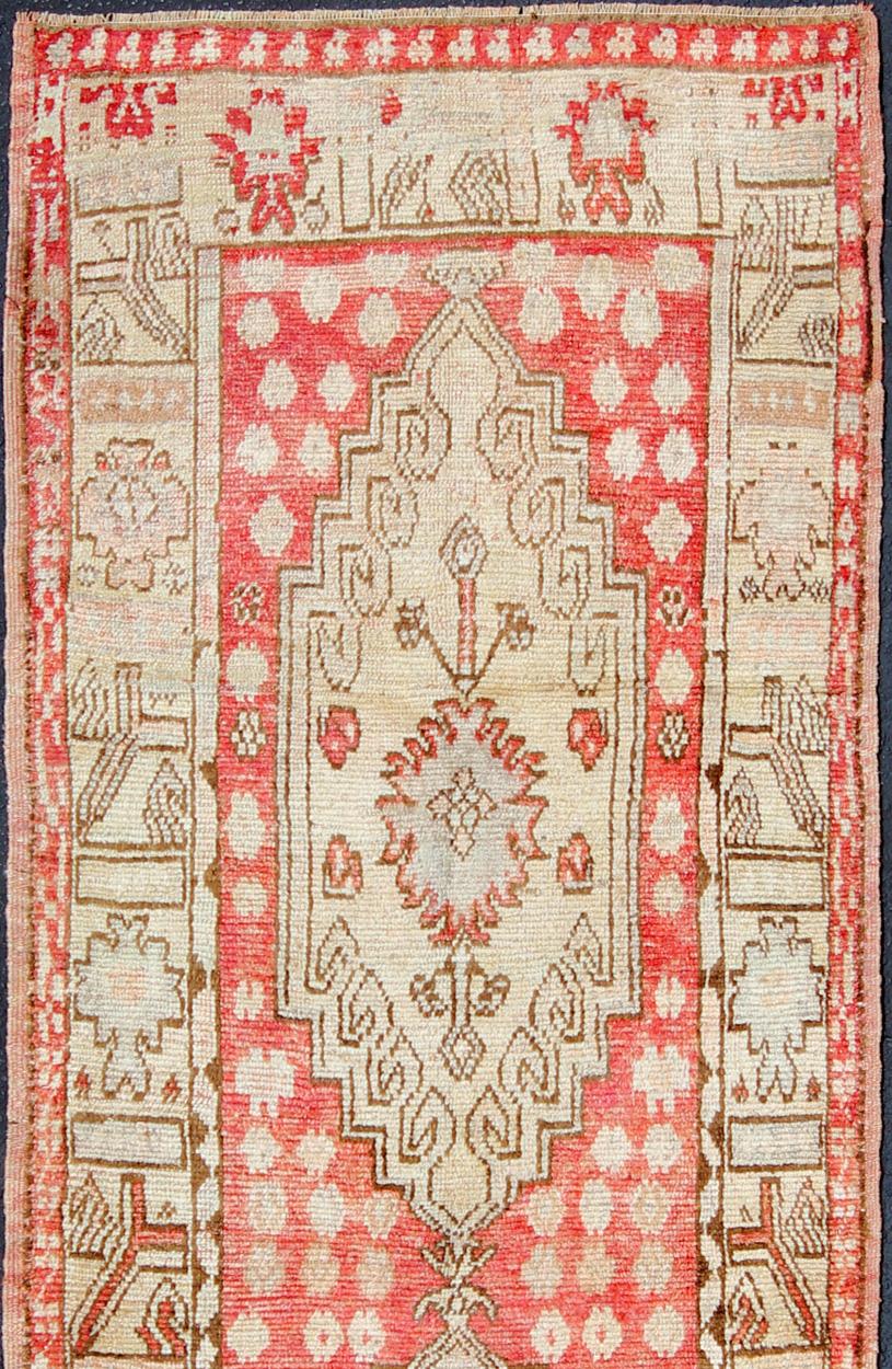 Vintage Turkish Oushak Runner with Tribal Medallion Design in Muted Red, Brown In Good Condition For Sale In Atlanta, GA