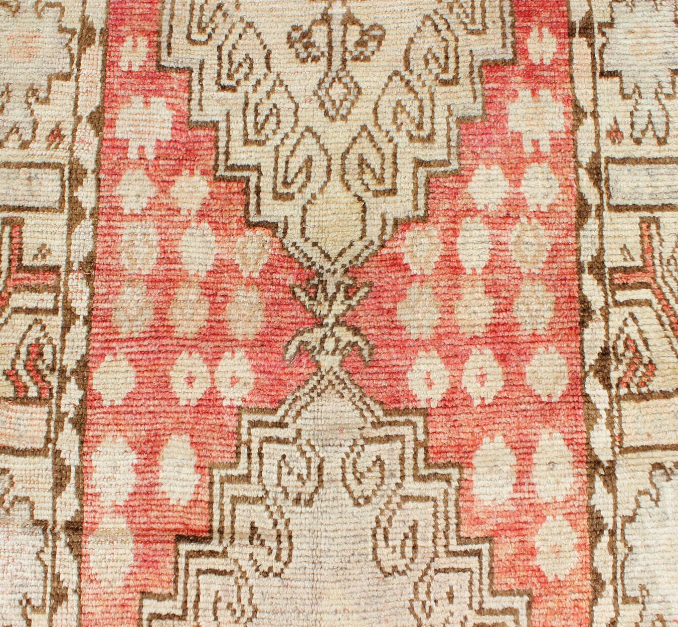 Vintage Turkish Oushak Runner with Tribal Medallion Design in Muted Red, Brown For Sale 2