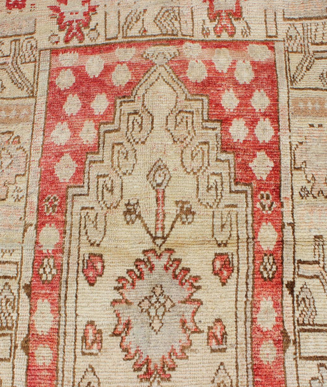 Vintage Turkish Oushak Runner with Tribal Medallion Design in Muted Red, Brown For Sale 3