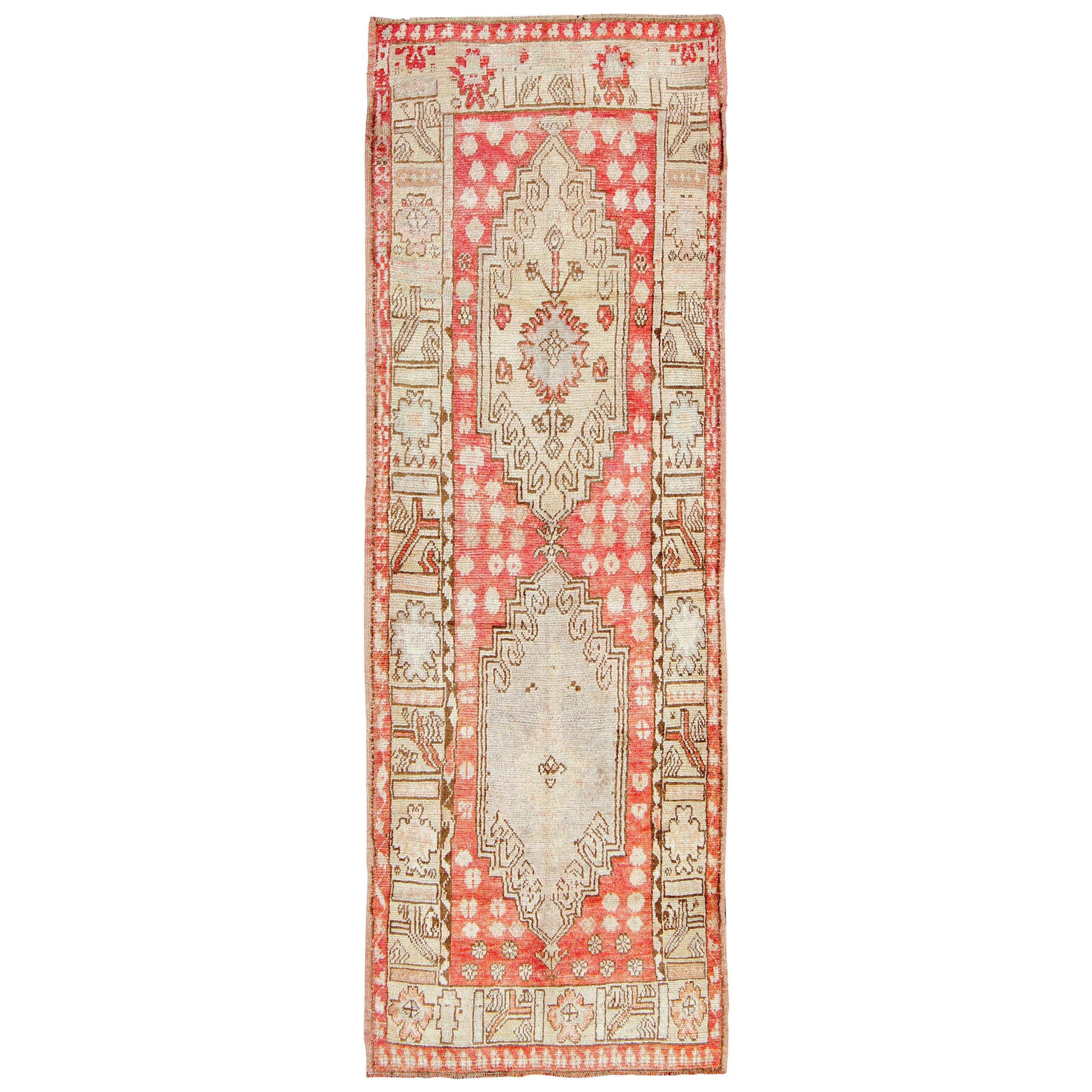 Vintage Turkish Oushak Runner with Tribal Medallion Design in Muted Red, Brown For Sale