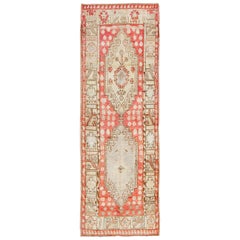 Vintage Turkish Oushak Runner with Tribal Medallion Design in Muted Red, Brown