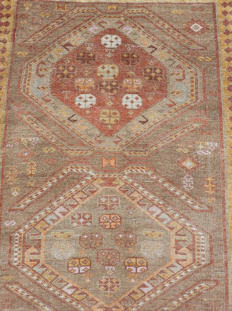 Vintage Turkish Oushak Runner with Tribal Medallions in Brown's, Yellow, and Red For Sale 5