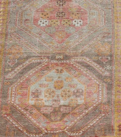 Vintage Turkish Oushak Runner with Tribal Medallions in Brown's, Yellow, and Red