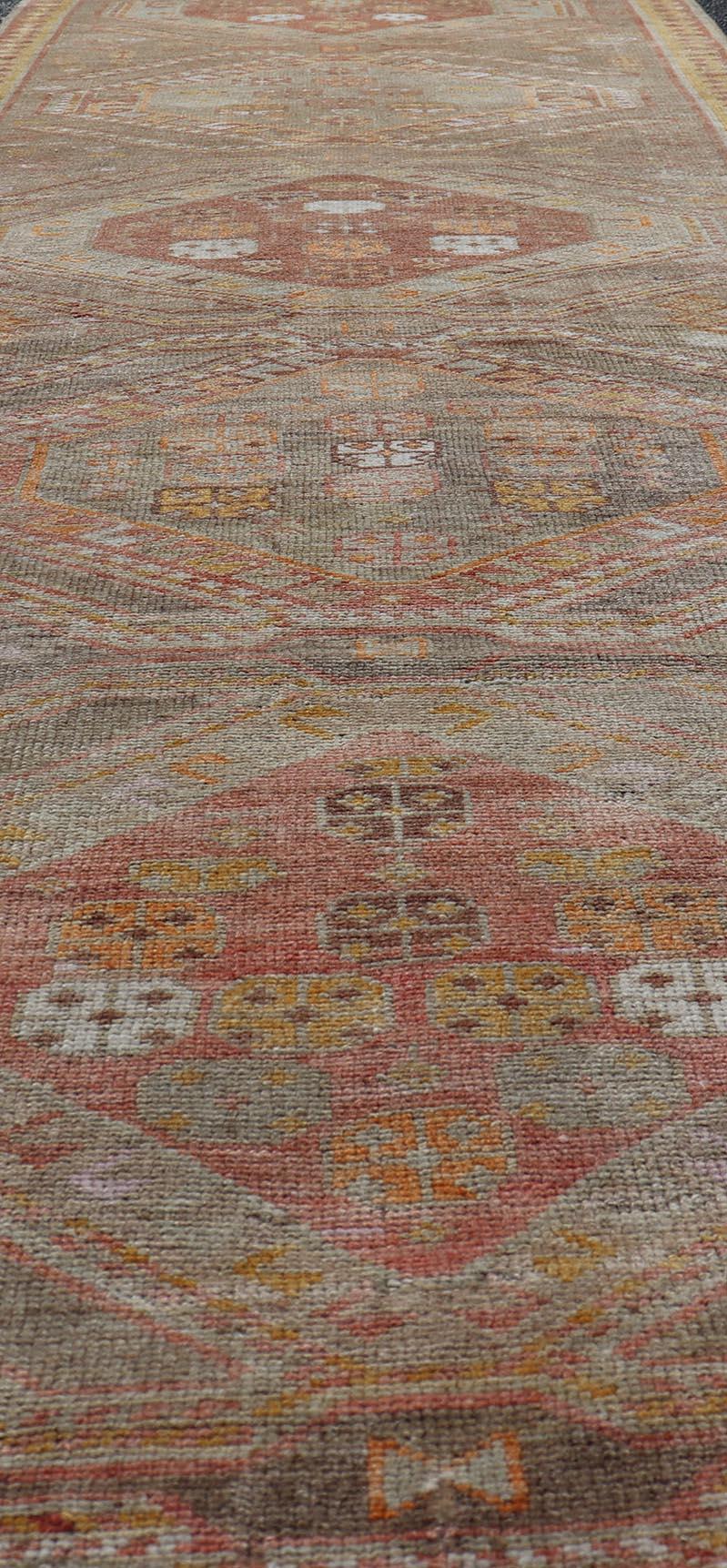 Vintage Turkish Oushak Runner with Tribal Medallions in Brown's, Yellow, and Red For Sale 3