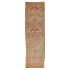 Vintage Turkish Oushak Runner with Tribal Medallions in Brown's, Yellow, and Red